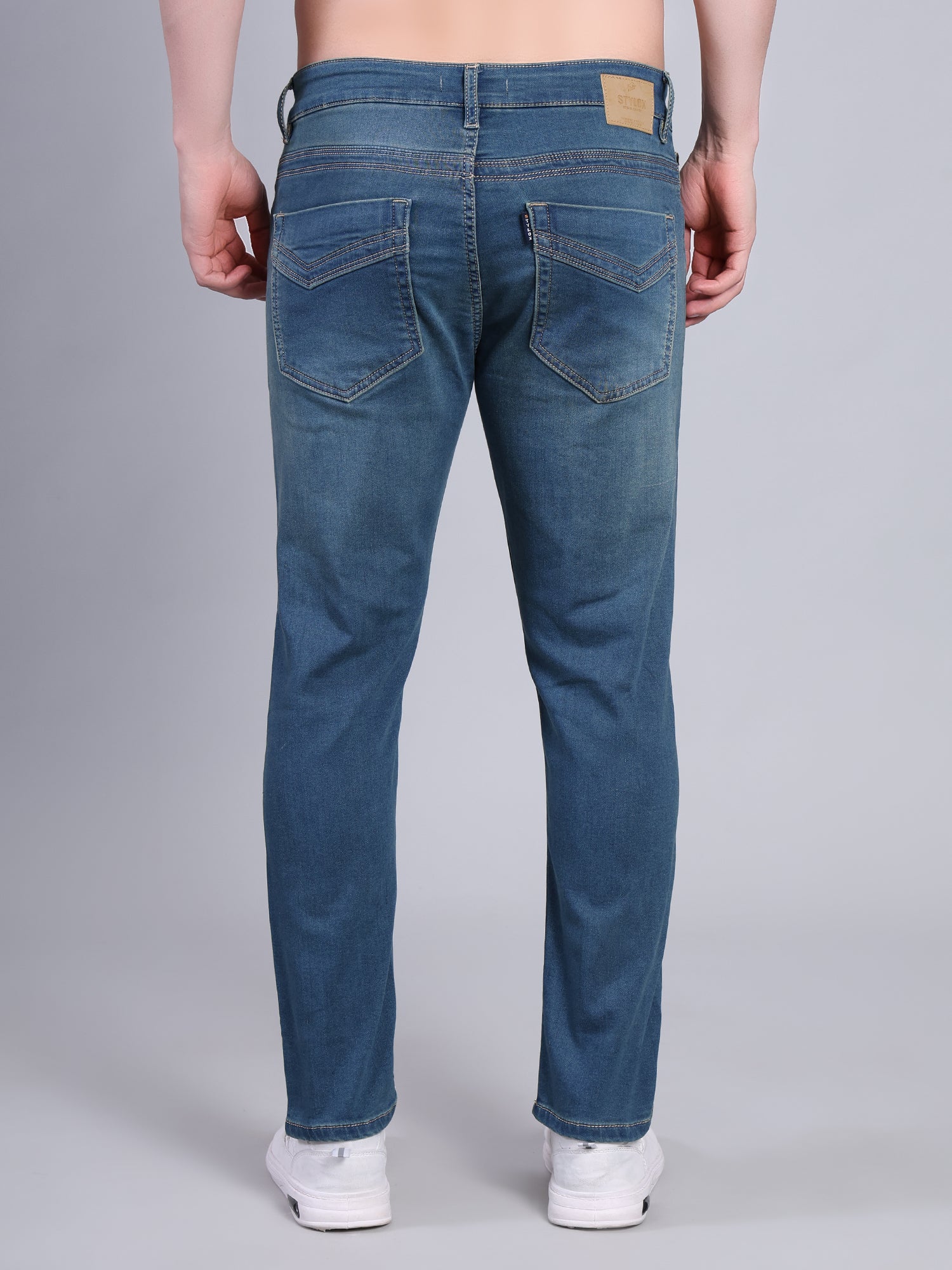 Stylox Men’s Ankle Fit Mid Rise Stretchable Denim Jeans-Greenish Blue - Stylox