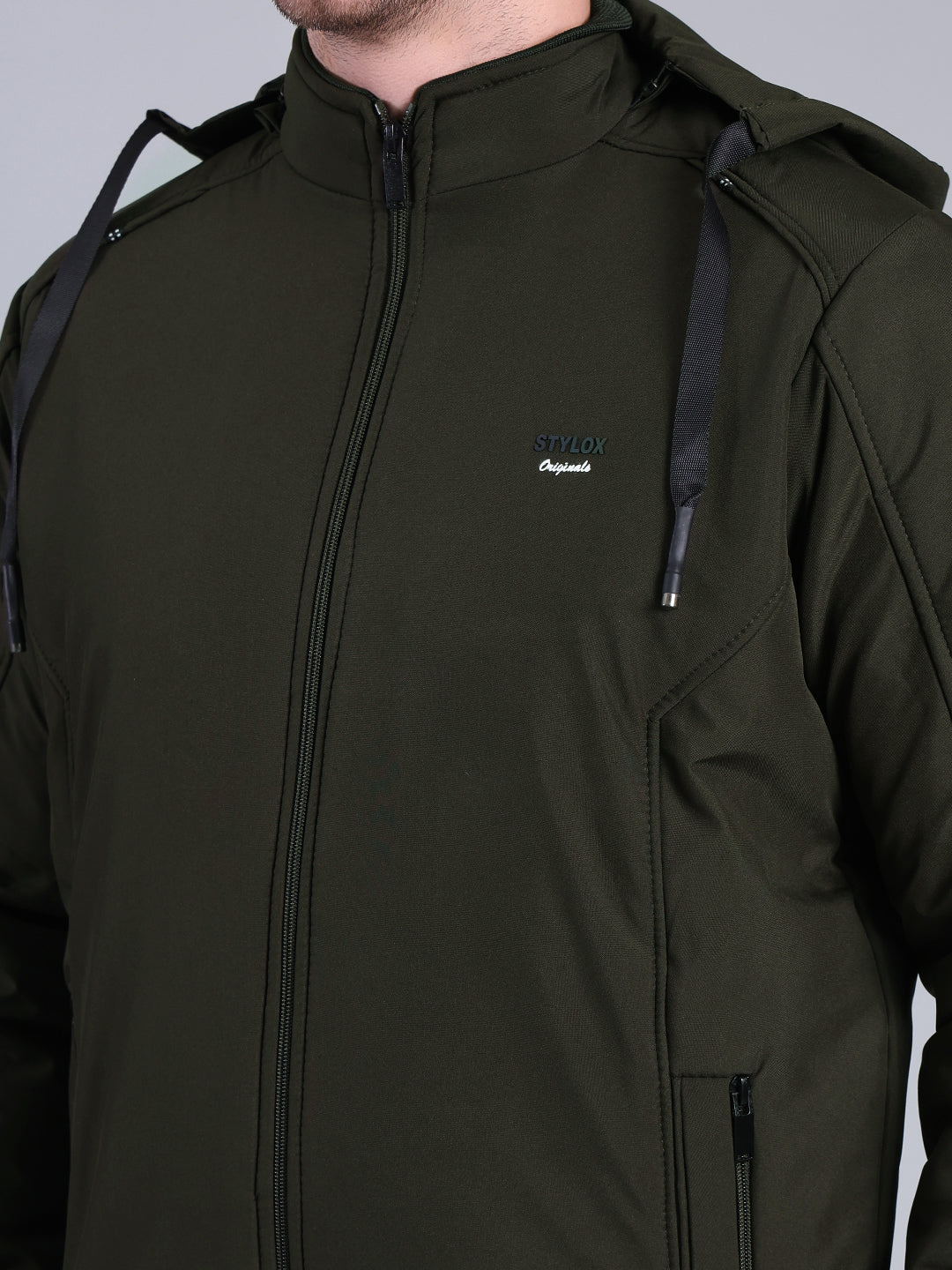 Stylox Men’s Solid Hooded Winter Jacket | Full Sleeve Zip-Up Casual Jacket with Pockets - Stylox