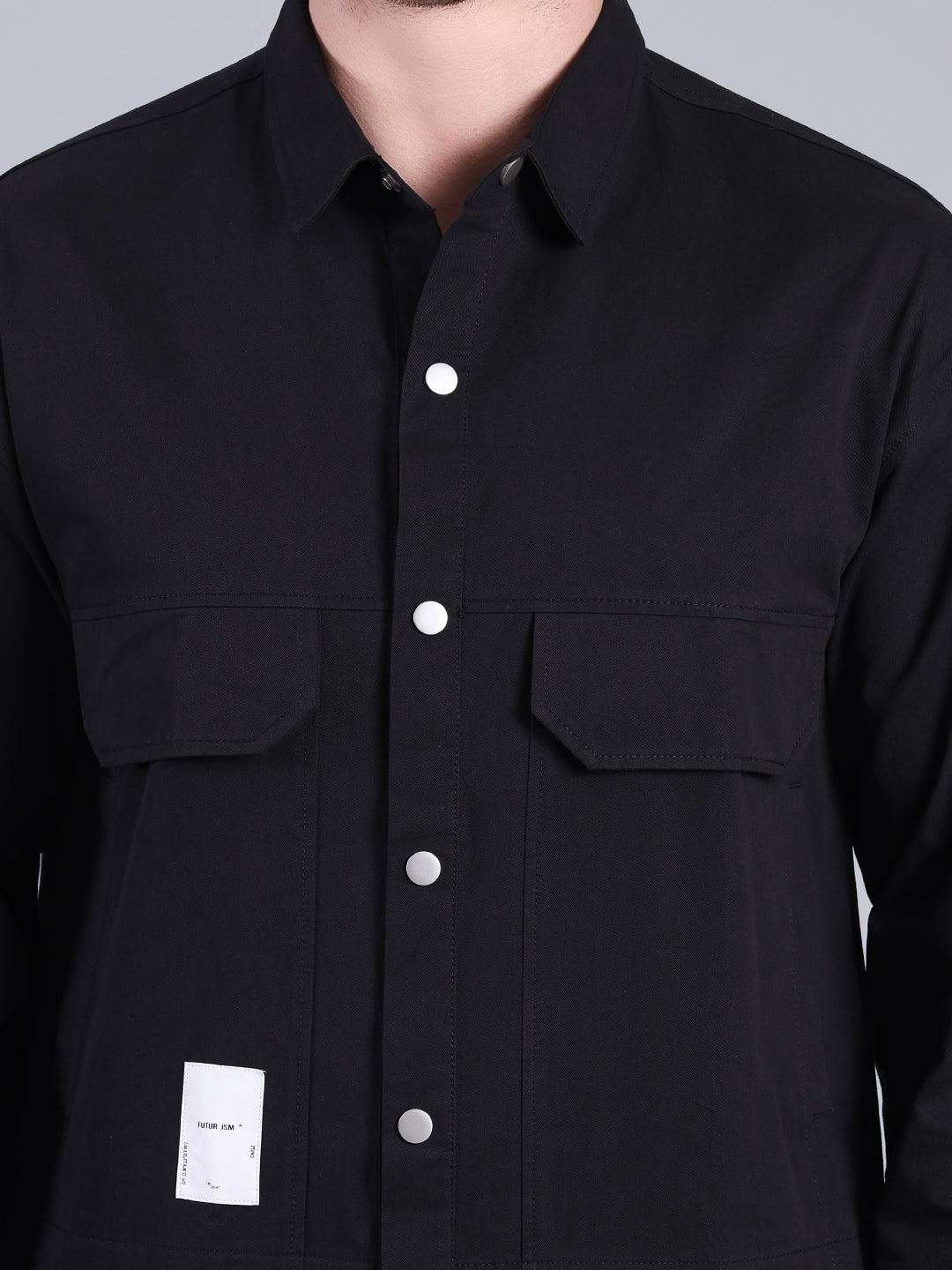 Stylox Men’s Solid Winter Shacket with Snap Buttons & Utility Pockets (Black) - Stylox