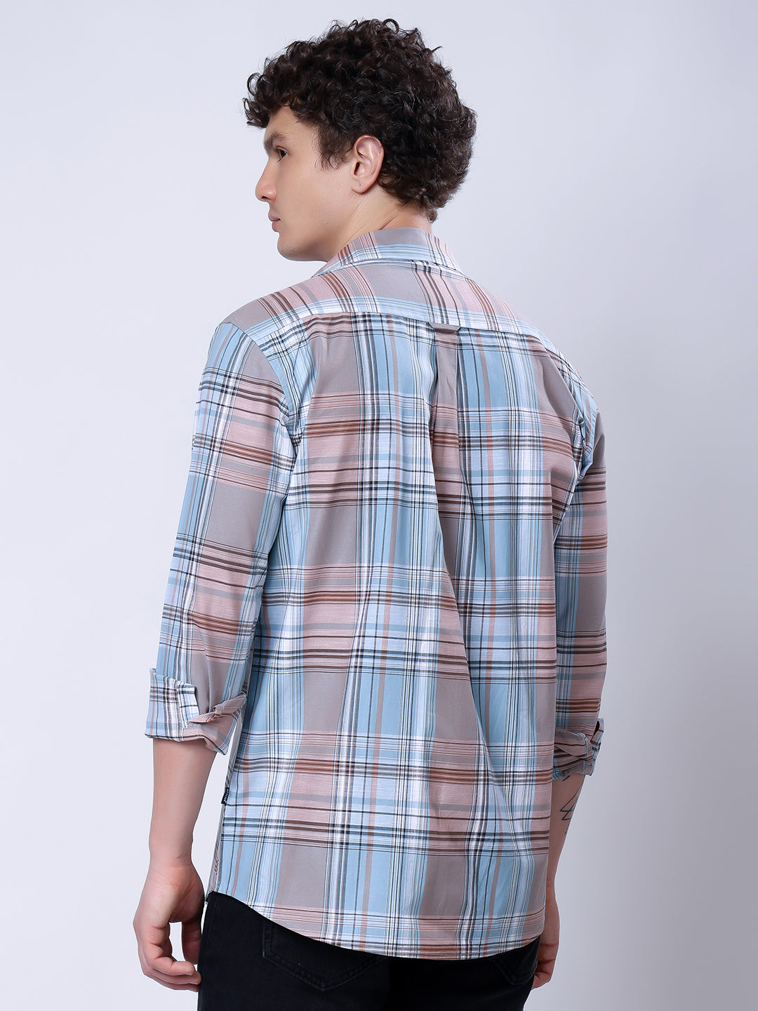 Stylox Men’s Regular Fit Full Sleeve Casual Check Shirt–Light Brown &amp; Light Blue - Stylox