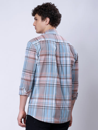 Stylox Men’s Regular Fit Full Sleeve Casual Check Shirt–Light Brown &amp; Light Blue - Stylox