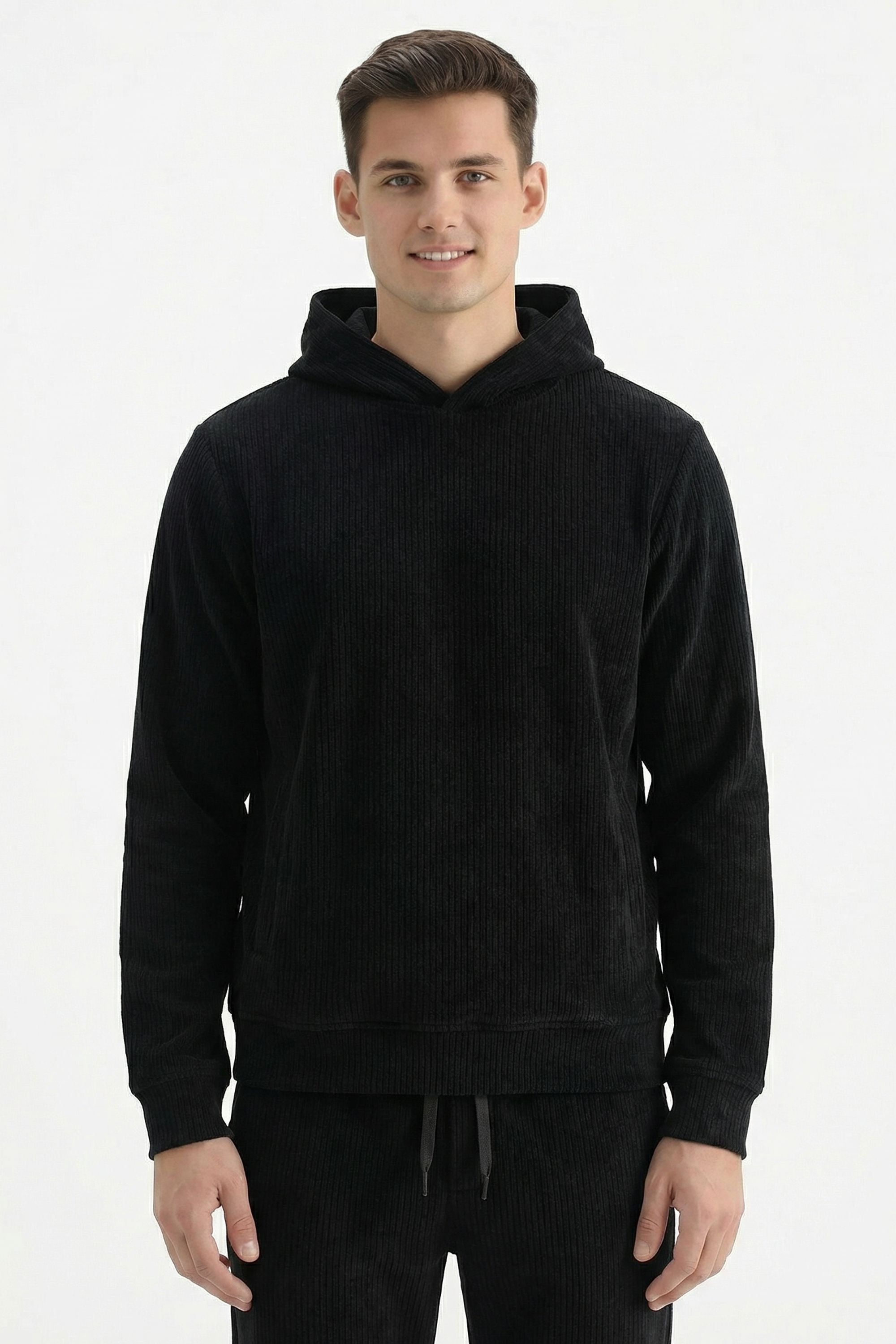 Stylox Men’s Regular Fit Ribbed Tracksuit Set (Hooded Sweatshirt + Jogger Pants) (Black) - Stylox