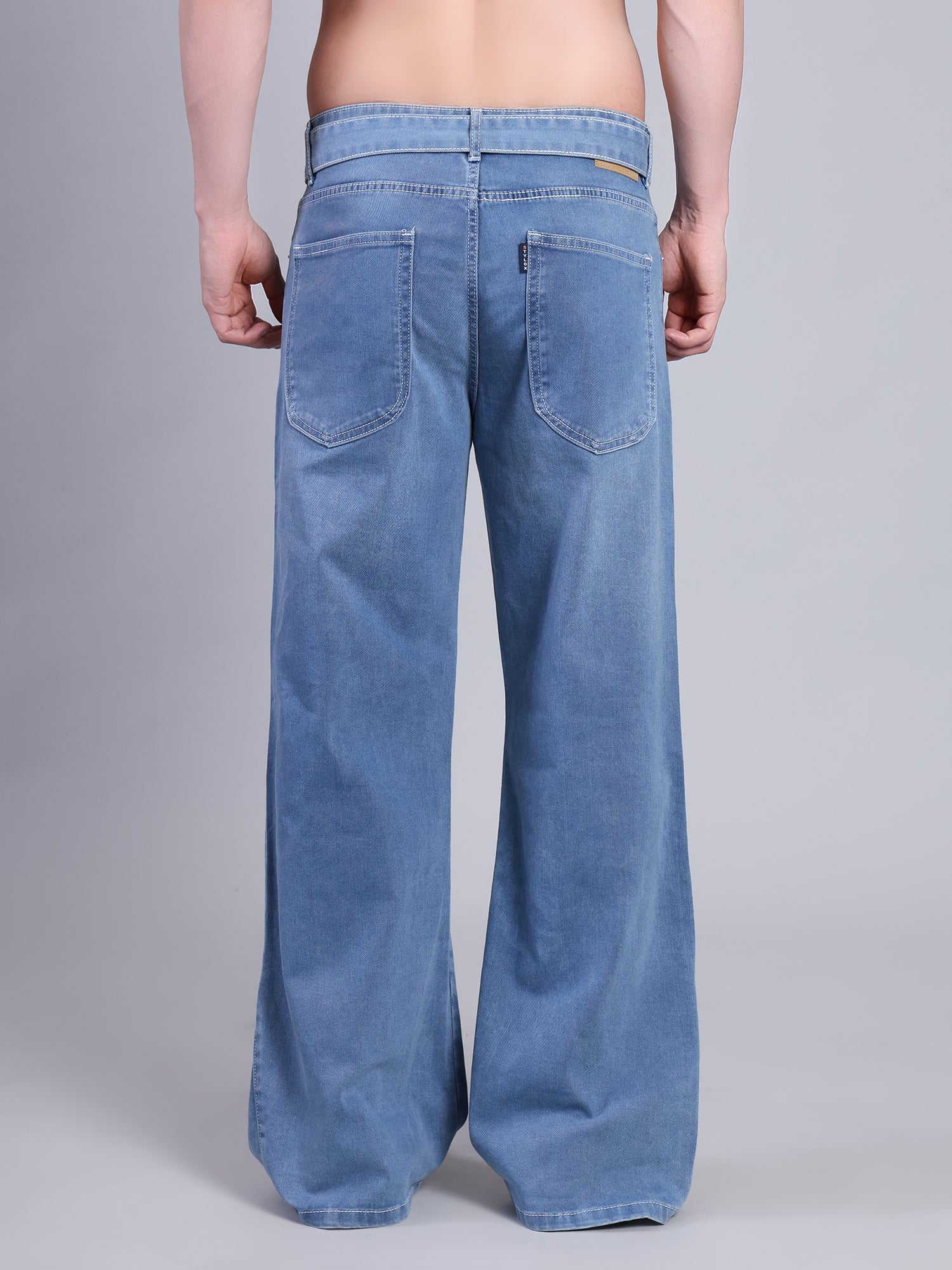 Stylox Men’s Baggy Fit Non-Stretch Rigid Denim Wide Leg Jeans with Tie Belt-Light Blue - Stylox