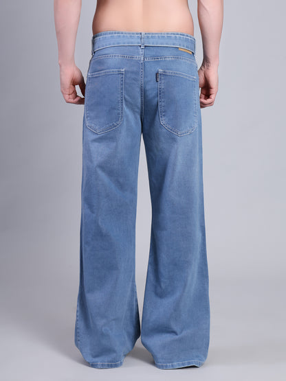 Stylox Men’s Baggy Fit Non-Stretch Rigid Denim Wide Leg Jeans with Tie Belt-Light Blue - Stylox