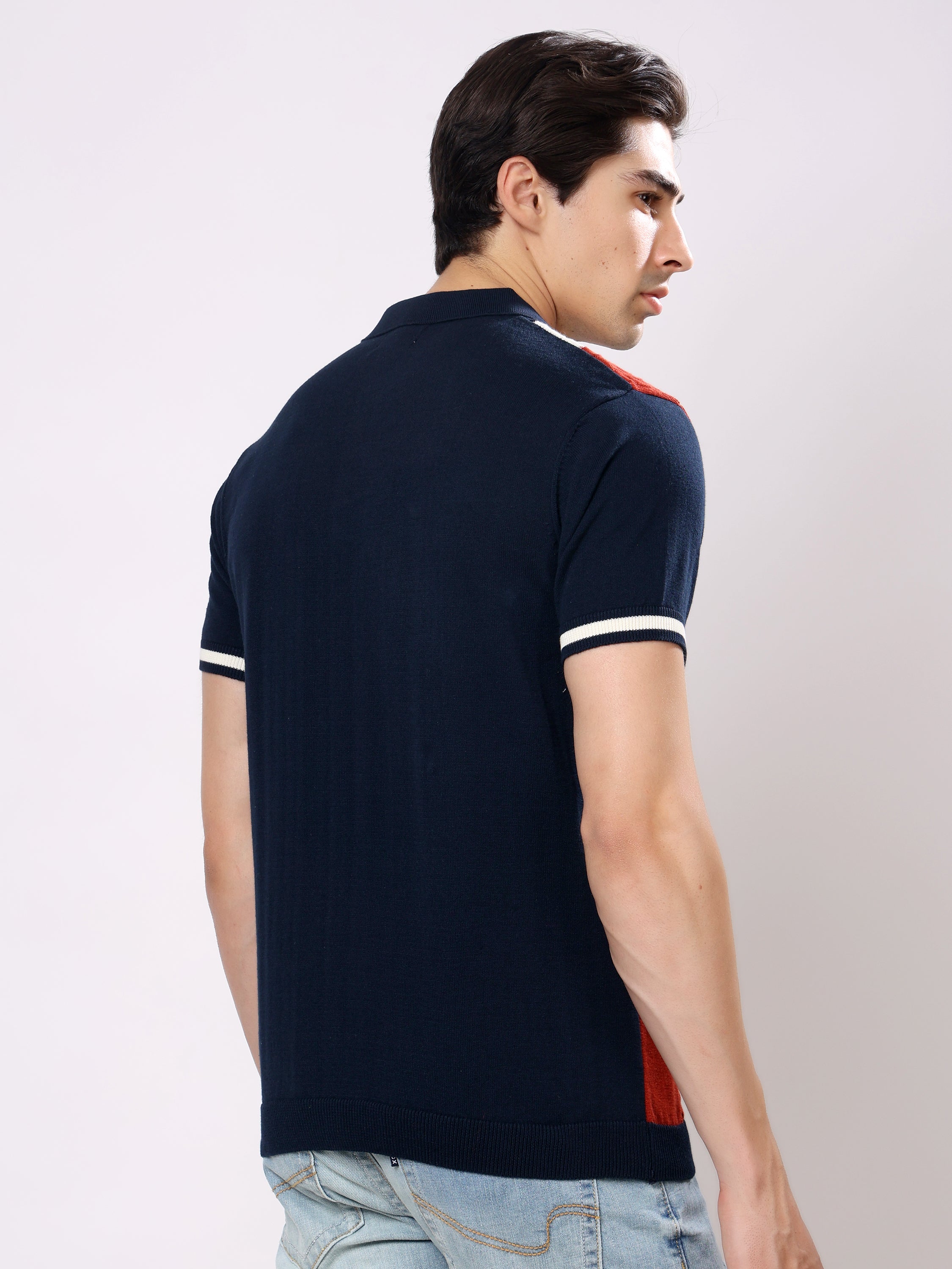 Stylox Men's Regular Fit Half Sleeve Navy Knitted Color Block Polo Tee