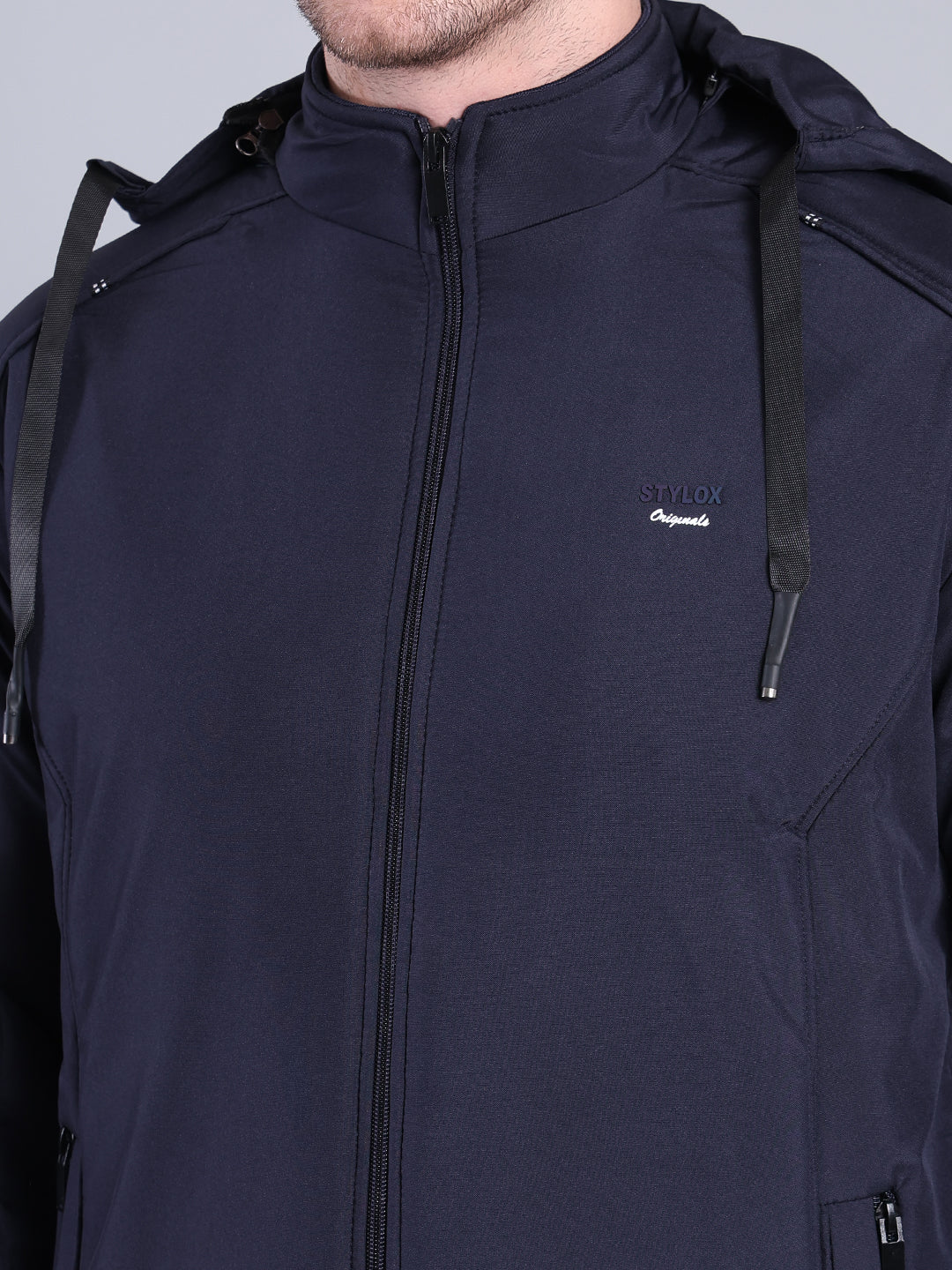 Stylox Men’s Solid Hooded Winter Jacket | Full Sleeve Zip-Up Casual Jacket with Pockets