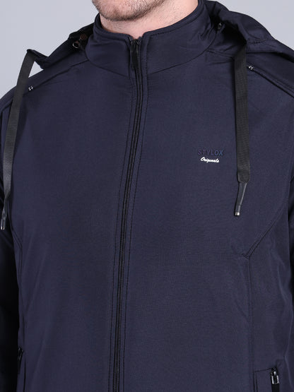 Stylox Men’s Solid Hooded Winter Jacket | Full Sleeve Zip-Up Casual Jacket with Pockets
