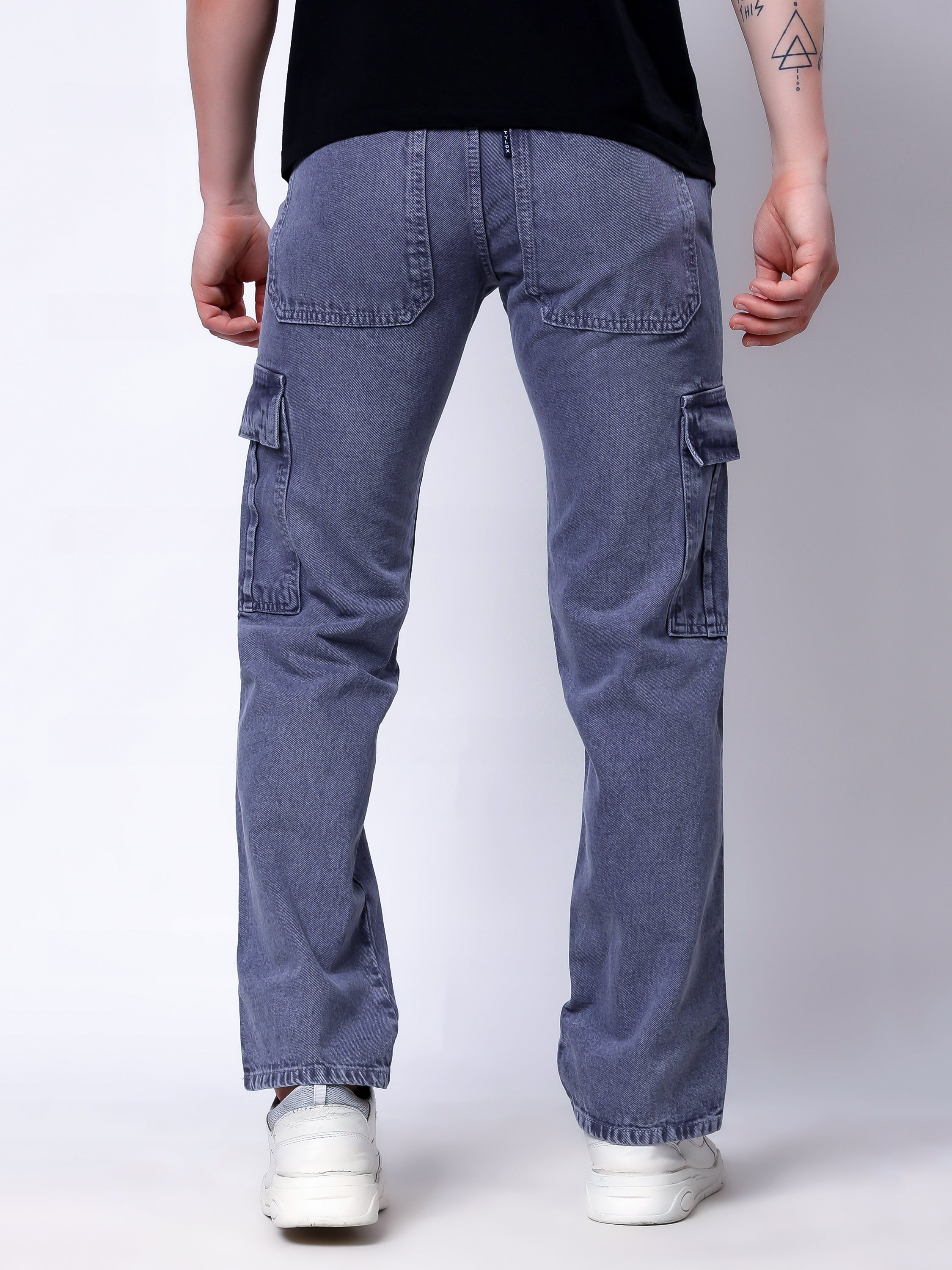 Stylox Men’s Comfort Fit Non-Stretch Cargo Jeans with Multi Pockets-Mid Grey