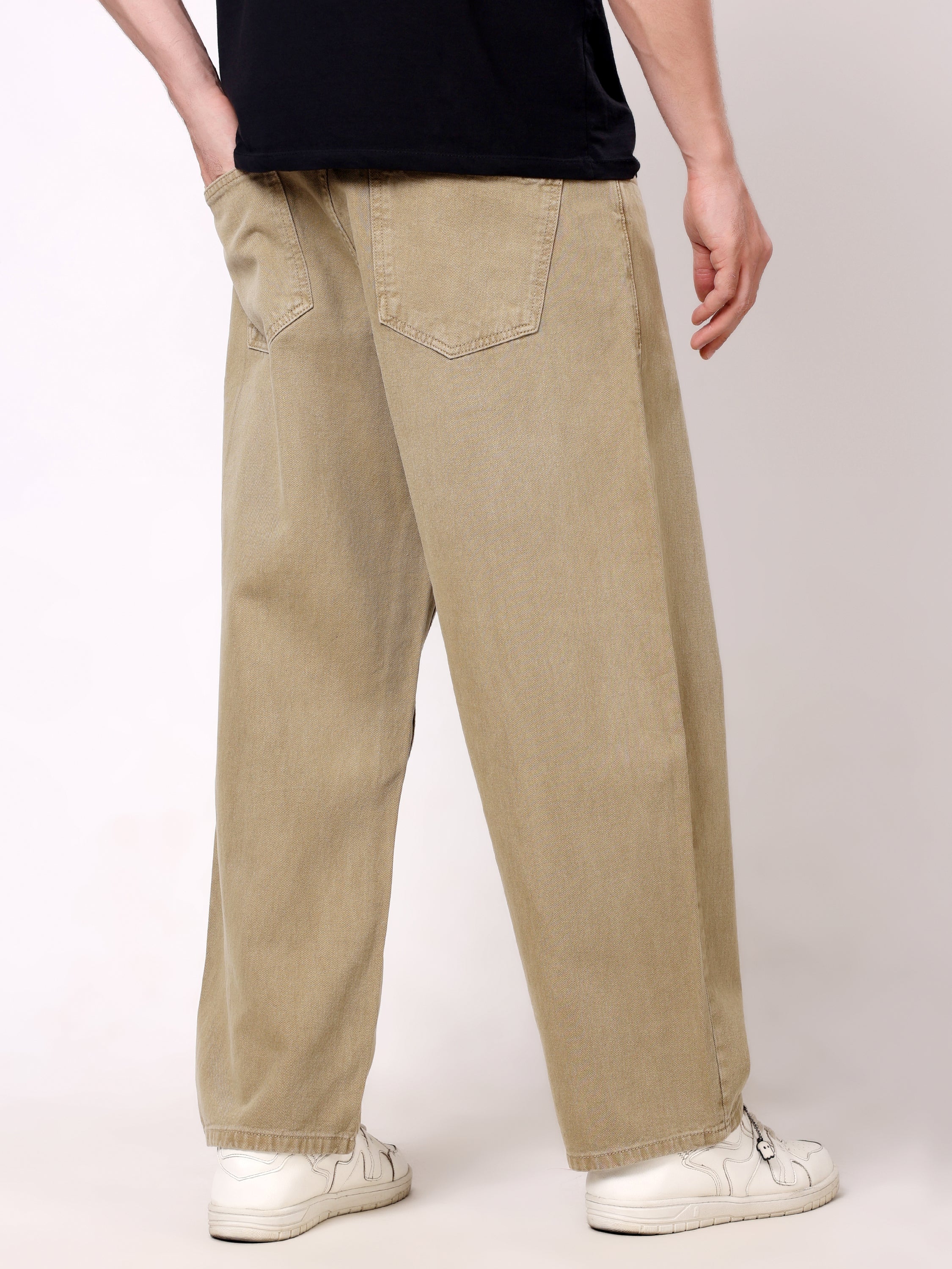 Stylox Men's Khaki Super Baggy Fit Non-Stretchable Denim Jeans