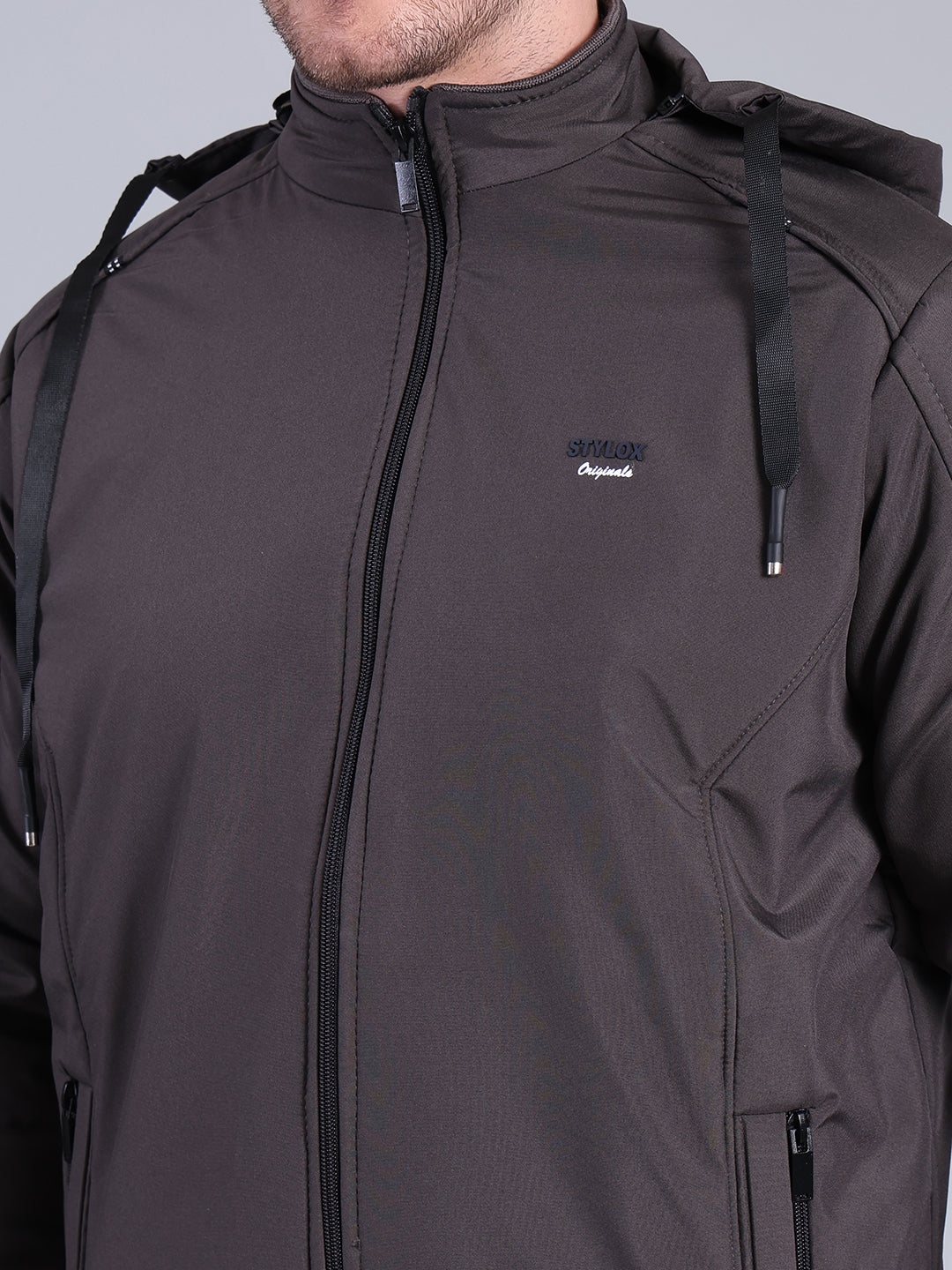 Stylox Men’s Solid Hooded Winter Jacket | Full Sleeve Zip-Up Casual Jacket with Pockets