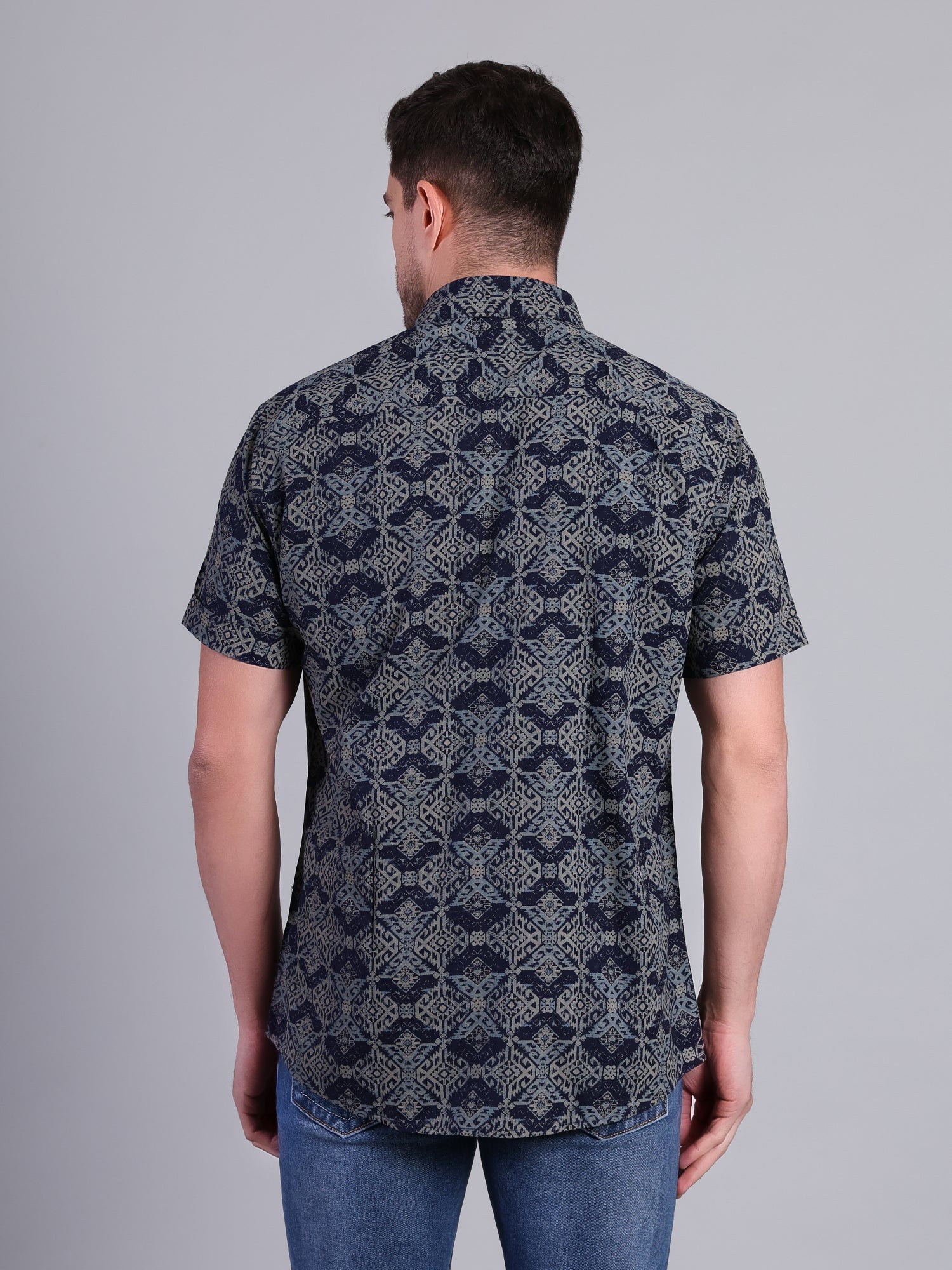 Stylox Men’s Regular Fit Geometric Printed Half Sleeve Casual Shirt-Blue - Stylox