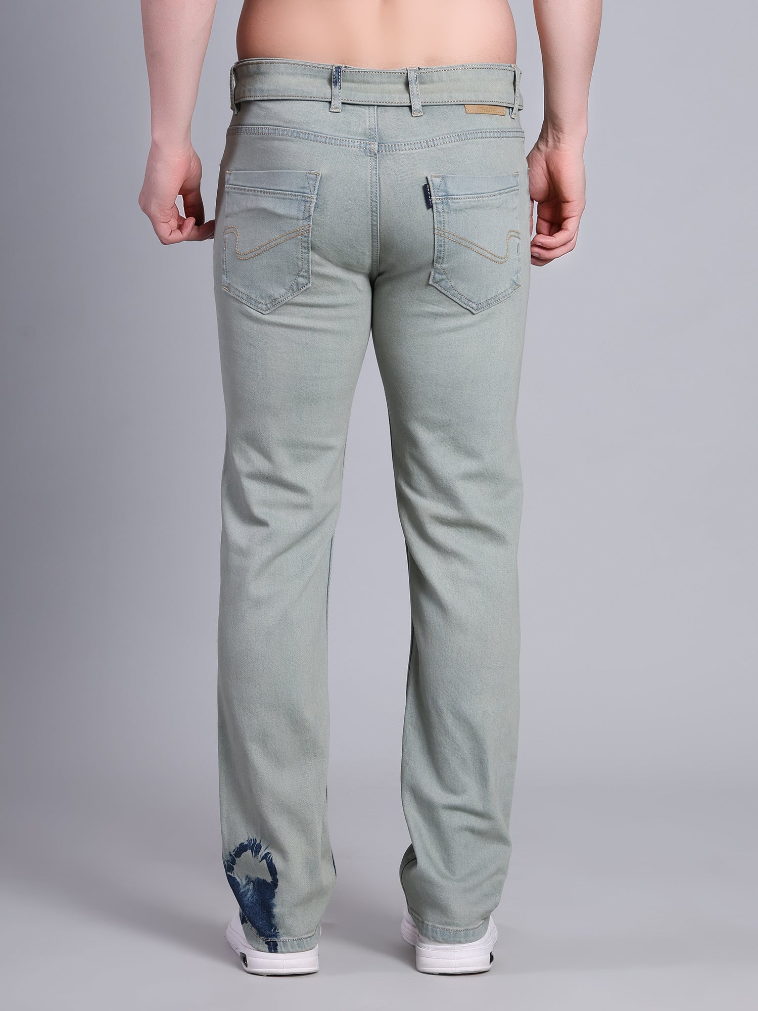 Stylox Men’s Comfort Fit Washed Stretchable Denim Jeans with Belt-Greenish Blue - Stylox