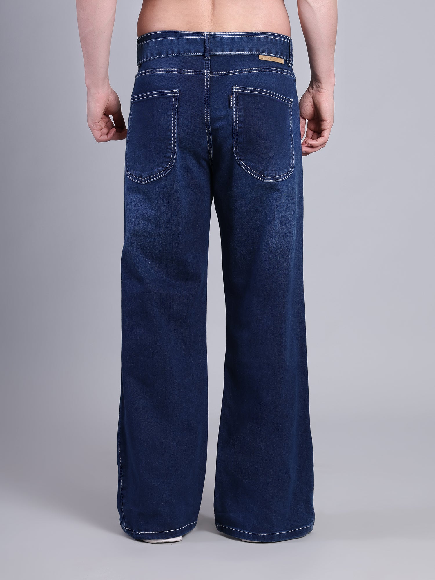 Stylox Men’s Baggy Fit Non-Stretch Rigid Denim Wide Leg Jeans with Tie Belt-Dark Blue - Stylox