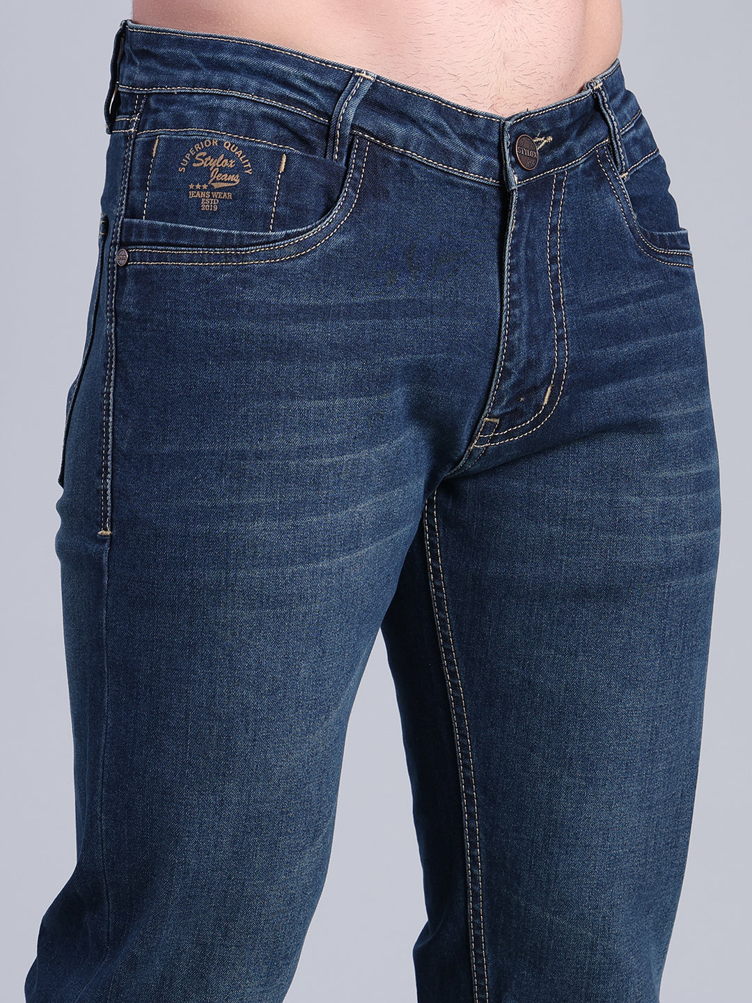 Stylox Men’s Slim Fit Mid Rise Stretchable Jeans (Greenish Blue) - Stylox