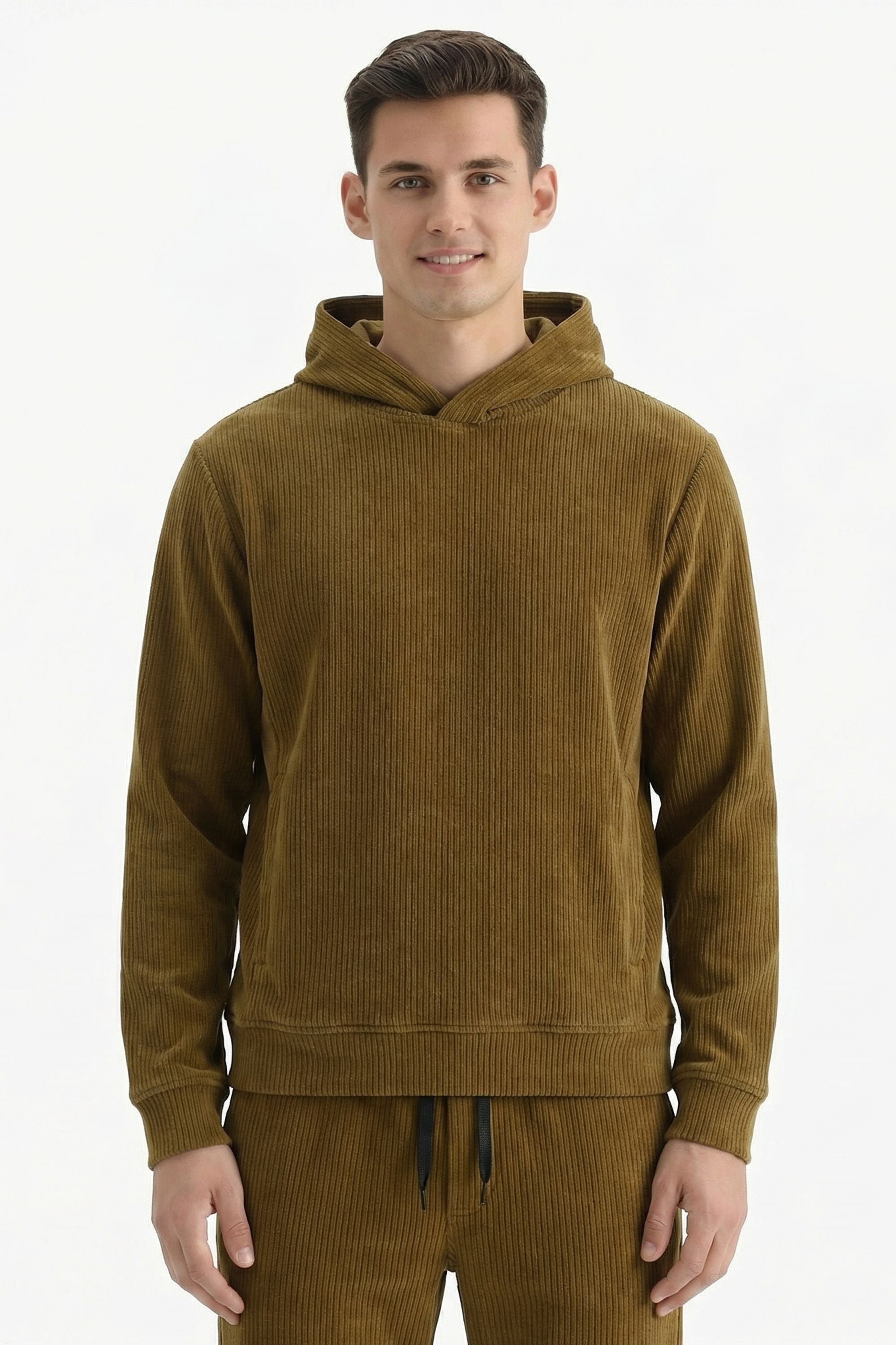 Stylox Men’s Regular Fit Ribbed Tracksuit Set (Hooded Sweatshirt + Jogger Pants) (Dark Beige) - Stylox