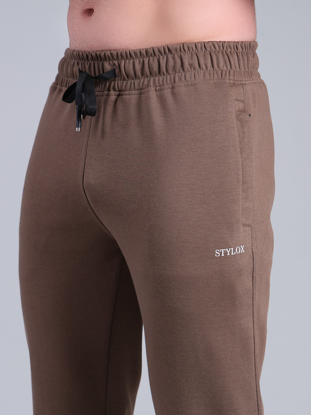 Stylox Men’s Slim Fit Stretchable Cotton Blend Trackpant with Elastic Waist & Drawstring (Brown) - Stylox