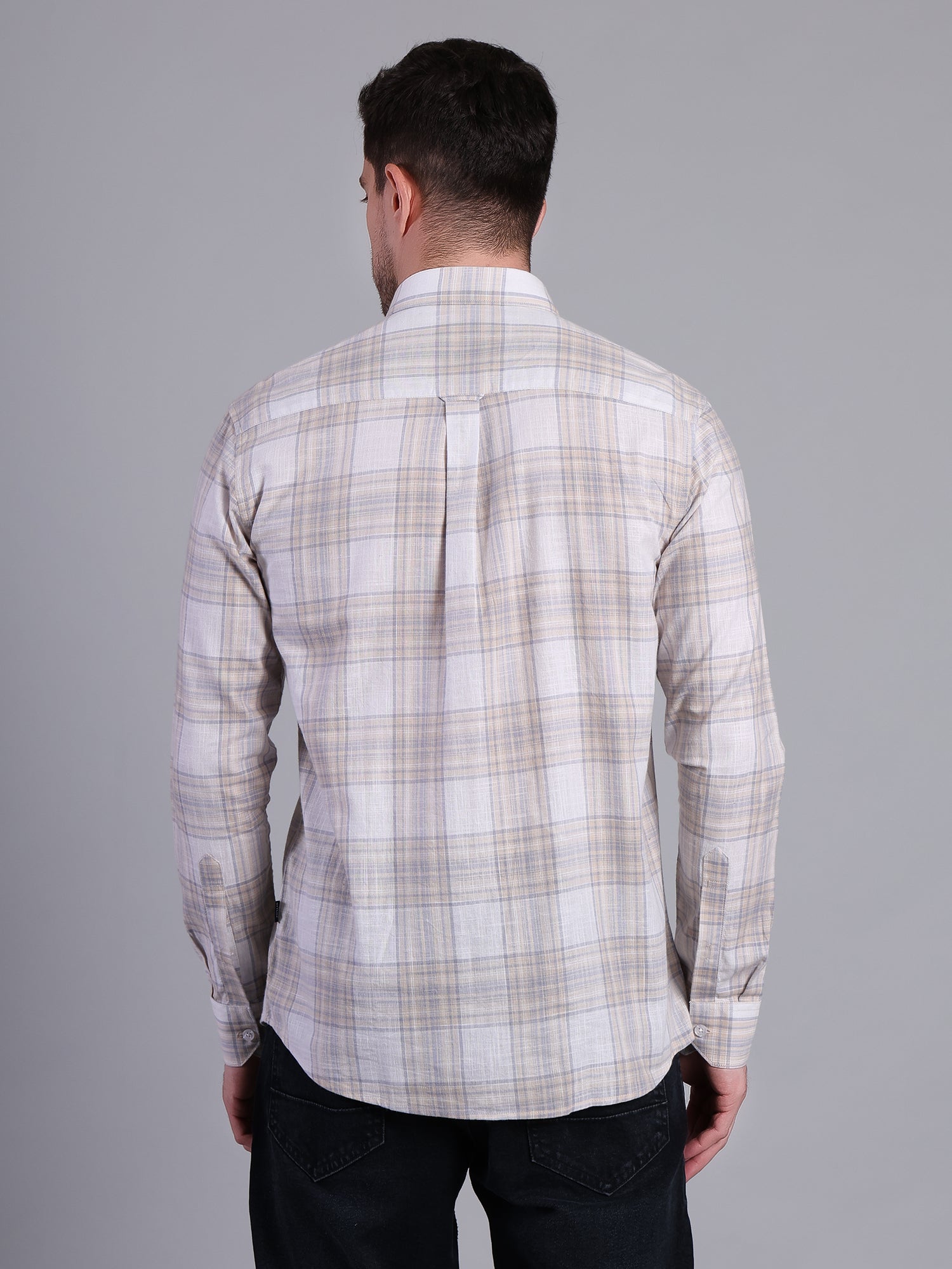 Stylox Men’s Regular Fit Checked Full Sleeve Casual Shirt-Cream - Stylox