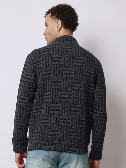 Stylox Men’s Black Textured Full-Zip Winter Jacket – Warm Fleece-Lined High Neck Sweatshirt for Casual Wear