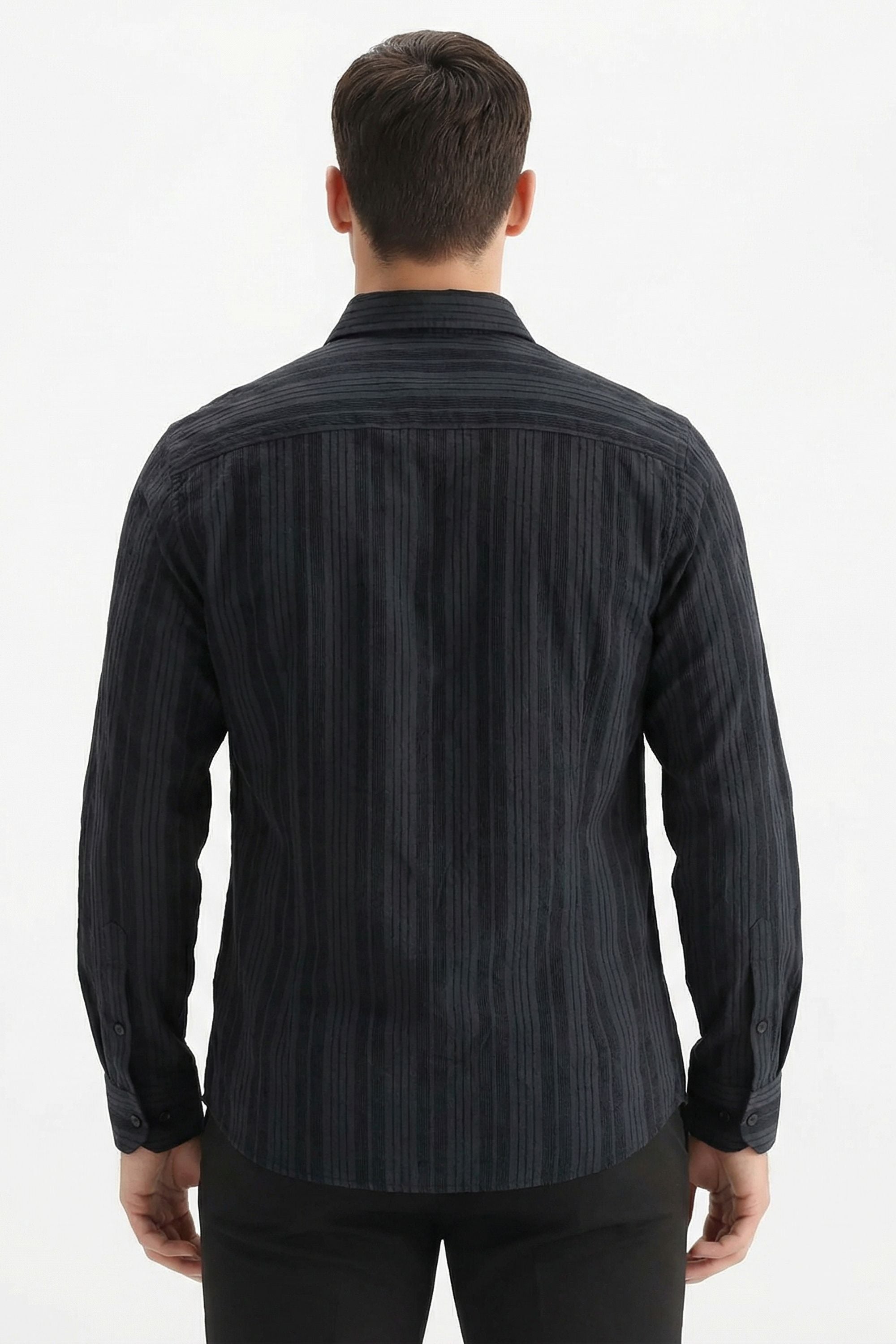 Stylox Men’s Regular-Fit Shacket Shirt – Self-Striped Full Sleeve Button-Down Overshirt with Chest Pockets (Black)