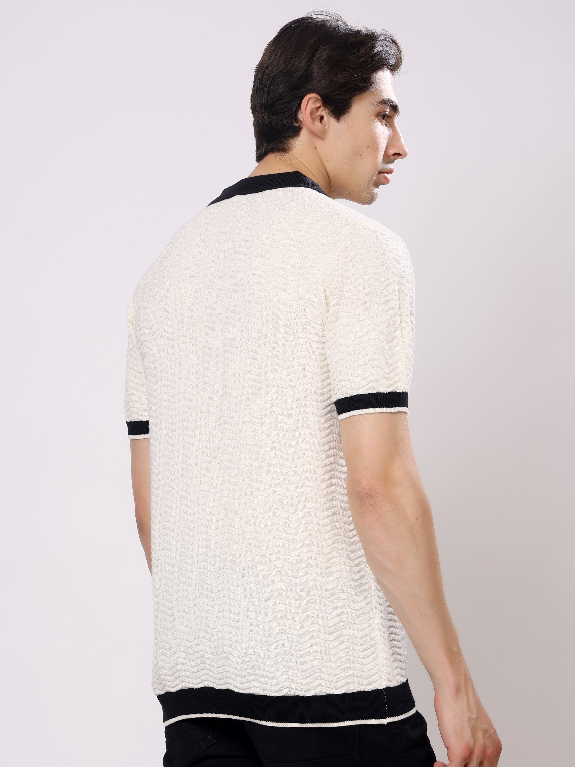 Stylox Men's Regular Fit Half Sleeve Textured Knitted Contrast Collar Polo Tee