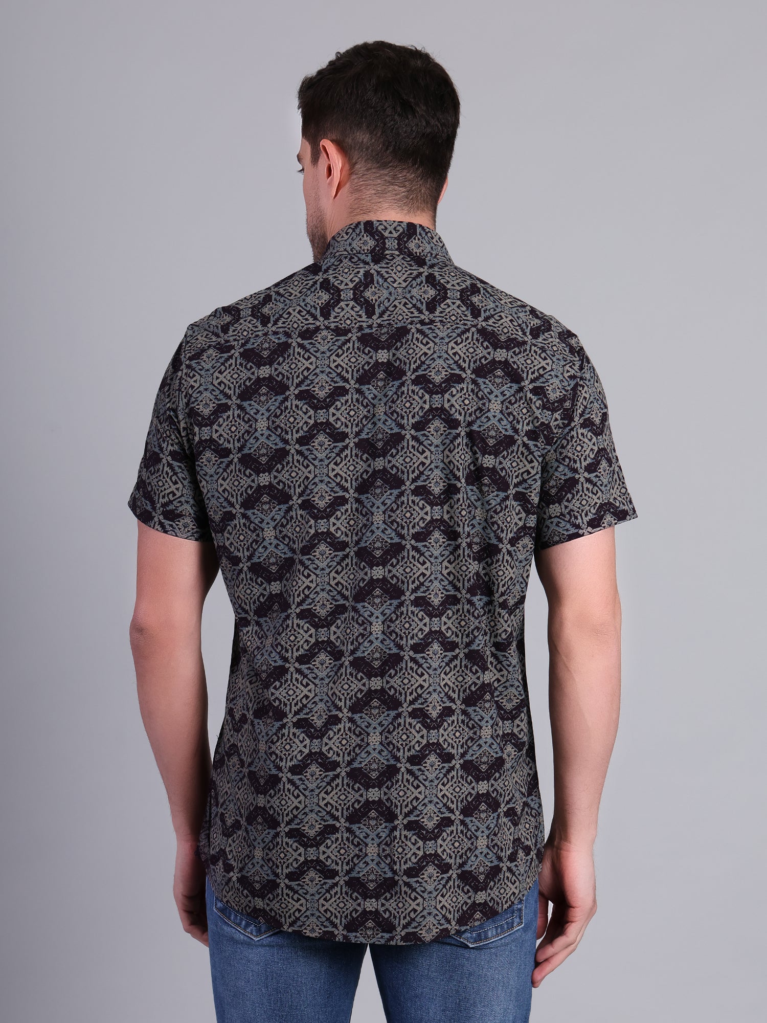 Stylox Men’s Regular Fit Geometric Printed Half Sleeve Casual Shirt-Violet - Stylox