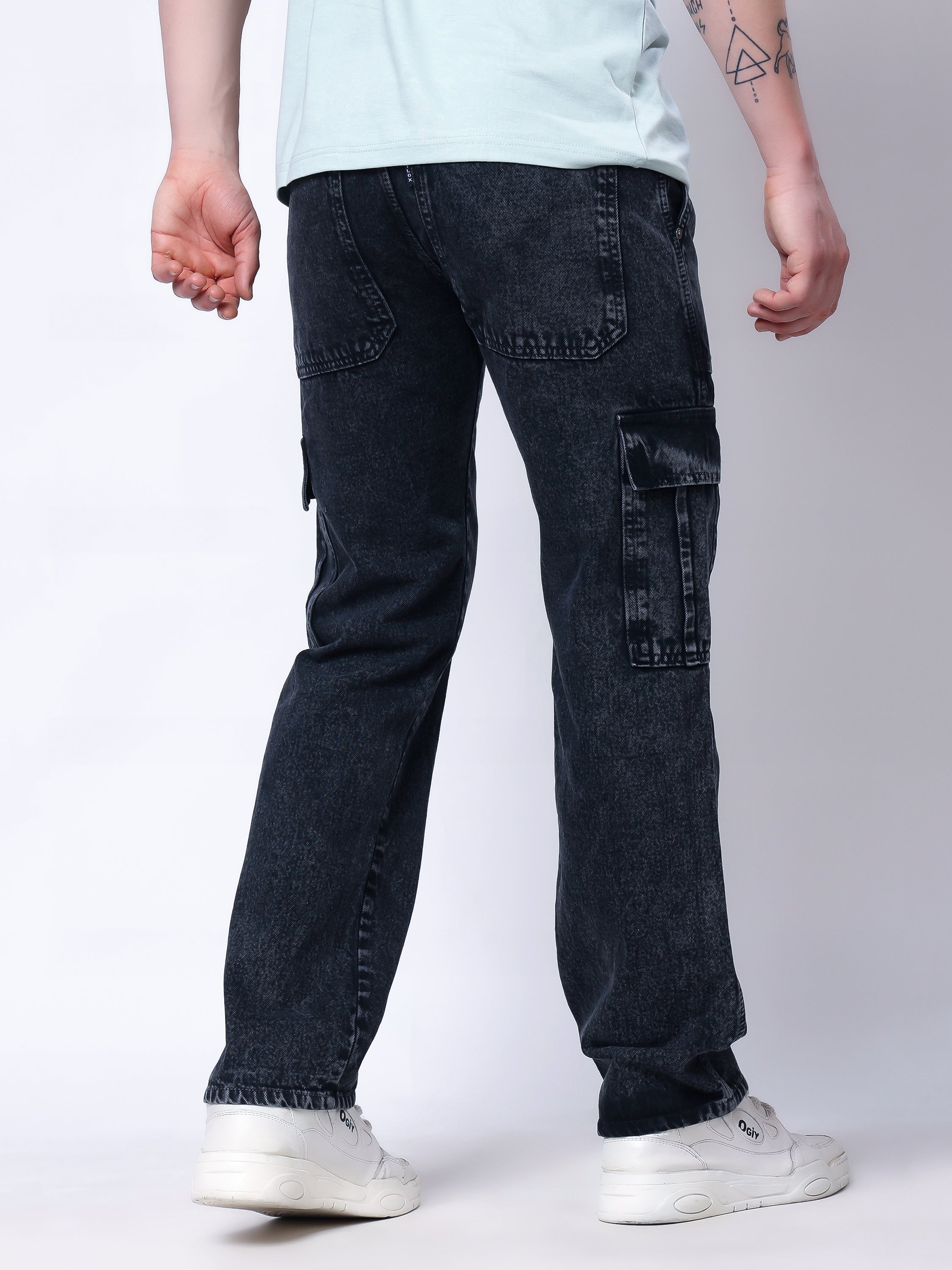 Stylox Men’s Comfort Fit Non-Stretch Cargo Jeans with Multi Pockets-Dark Grey