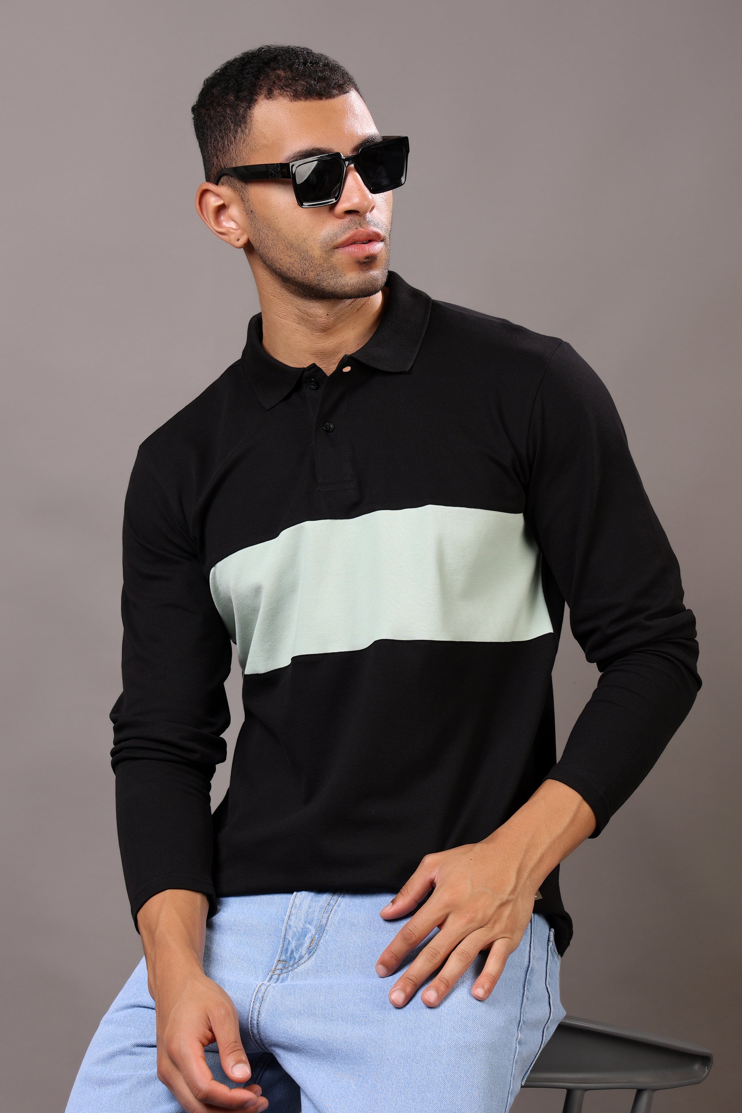 Stylox Men’s Long Sleeve Polo T-Shirt with Cut & Sew Design - Stylox