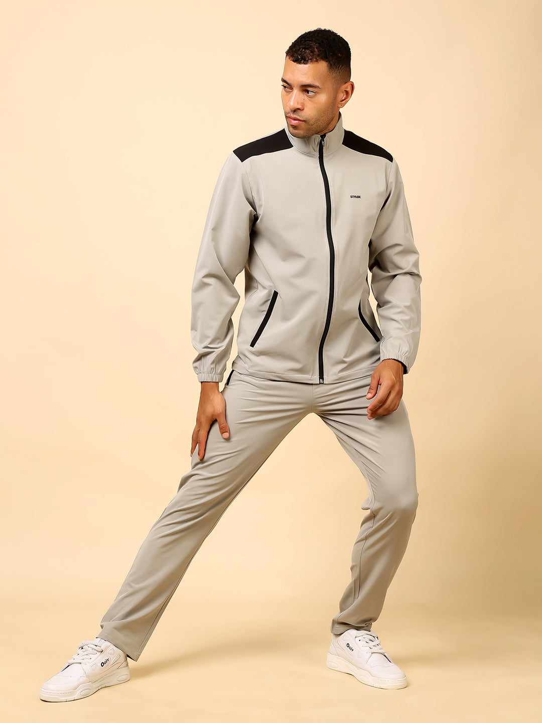 Stylox Men’s Solid Tracksuit | Full Zip High Neck Jacket & Jogger Pants Set (Light Grey) - Stylox