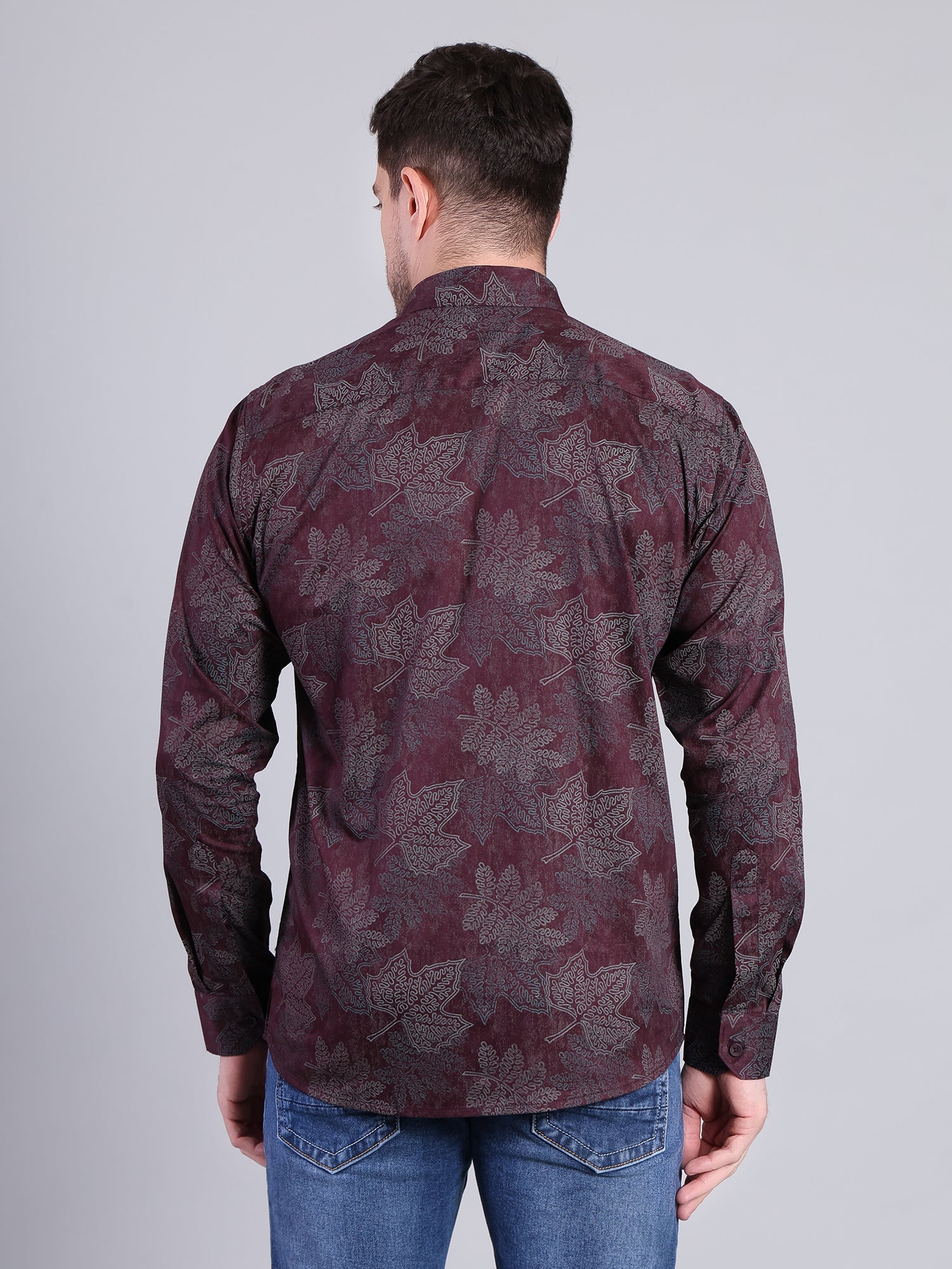Stylox Men’s Regular Fit Leaf Printed Full Sleeve Casual Shirt-Maroon - Stylox