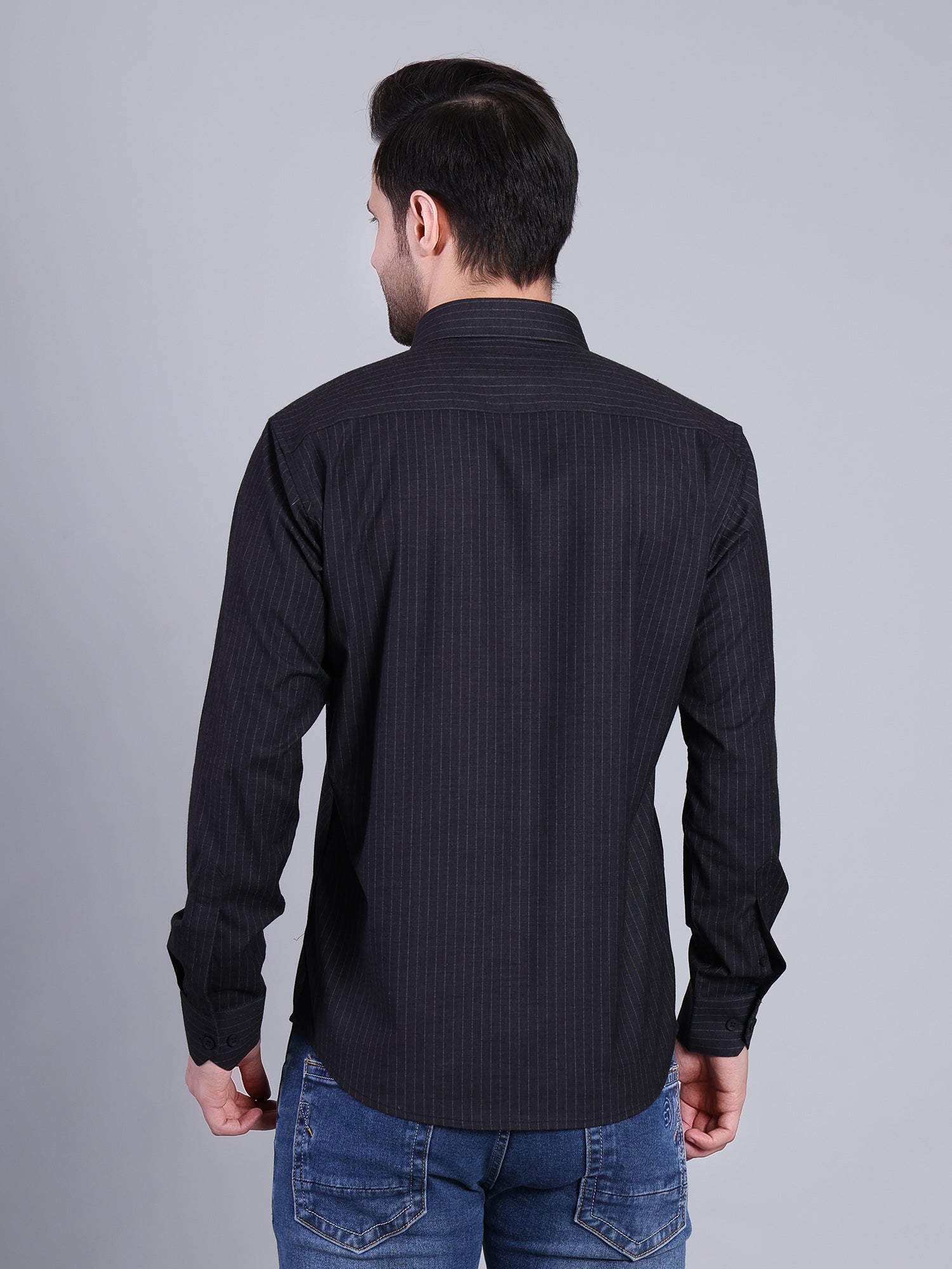 Stylox Men’s Regular Fit Vertical Striped Full Sleeve Casual Shirt-Black - Stylox