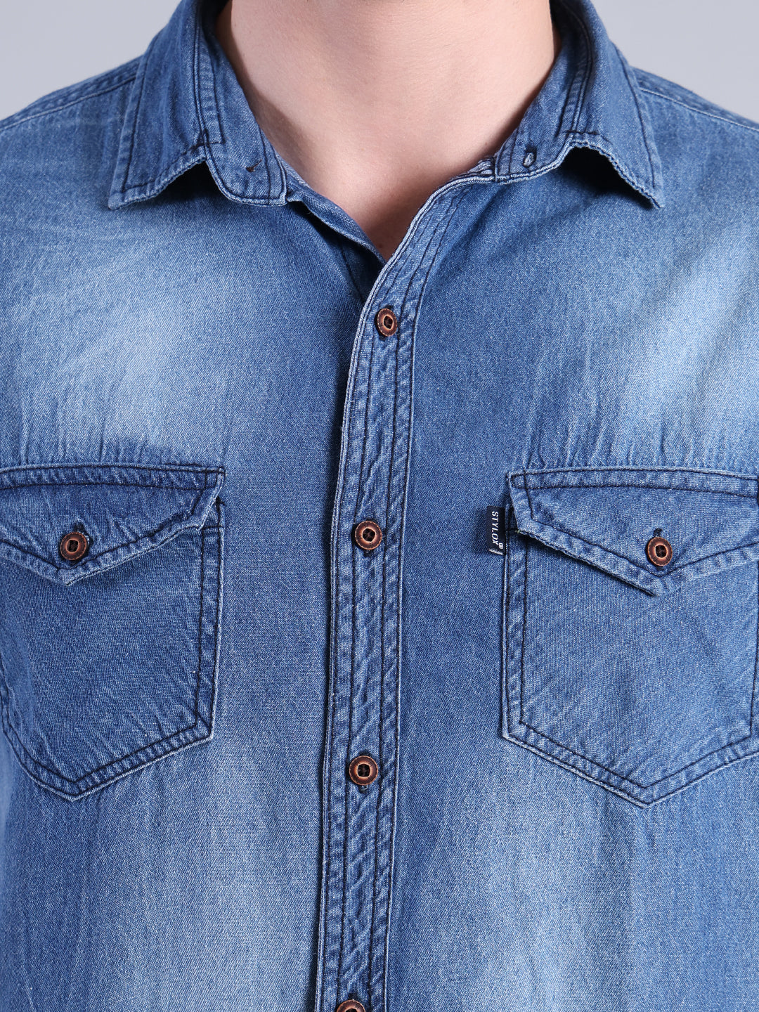 Stylox Men’s Light Wash Denim Shirt with Dual Chest Pockets - Stylox