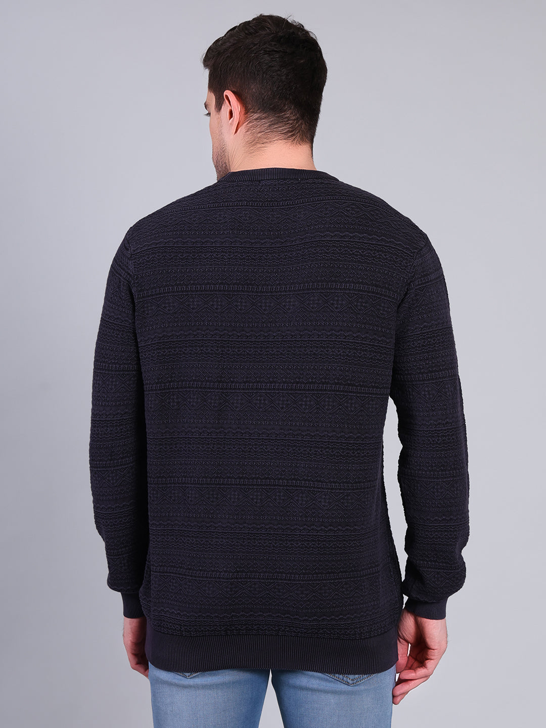 Stylox Men’s Winter Textured Sweater | Full Sleeve Round Neck Knit Pullover | Warm Casual Wear-Navy