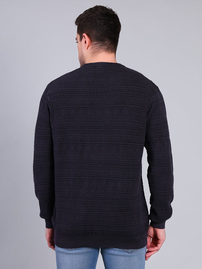 Stylox Men’s Winter Textured Sweater | Full Sleeve Round Neck Knit Pullover | Warm Casual Wear-Navy