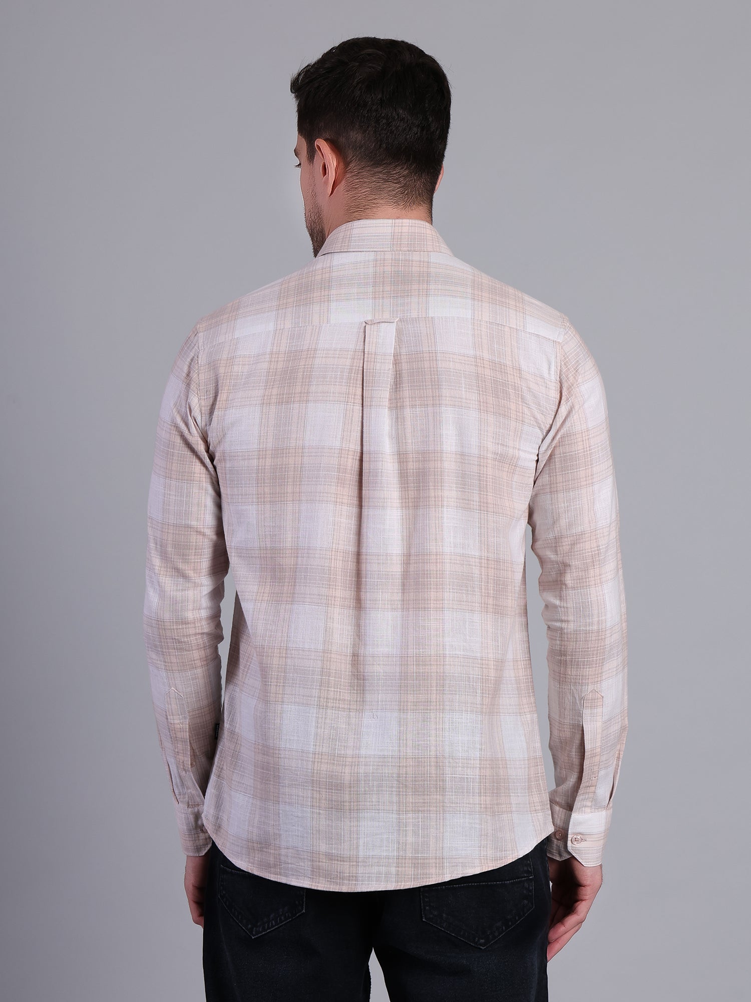 Stylox Men’s Regular Fit Checked Full Sleeve Casual Shirt-Peach - Stylox