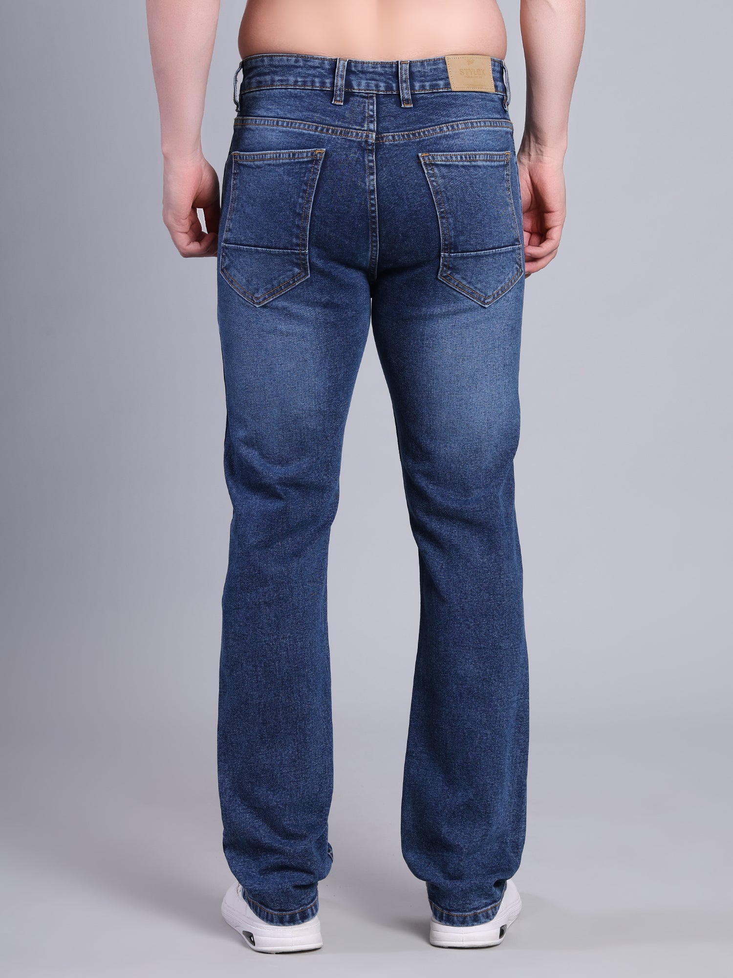 Stylox Men’s Mid-Rise Straight Fit Classic Washed Denim Jeans-Mid Blue - Stylox