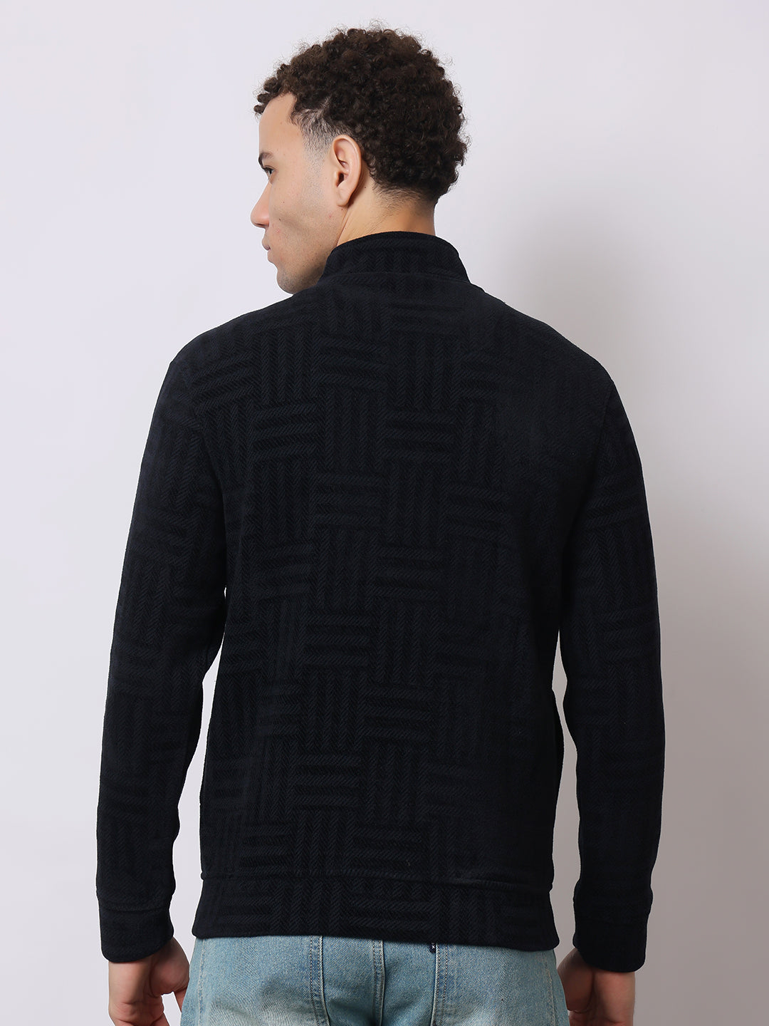 Stylox Men’s Black Textured Full-Zip Winter Jacket – Warm Fleece-Lined High Neck Sweatshirt for Casual Wear