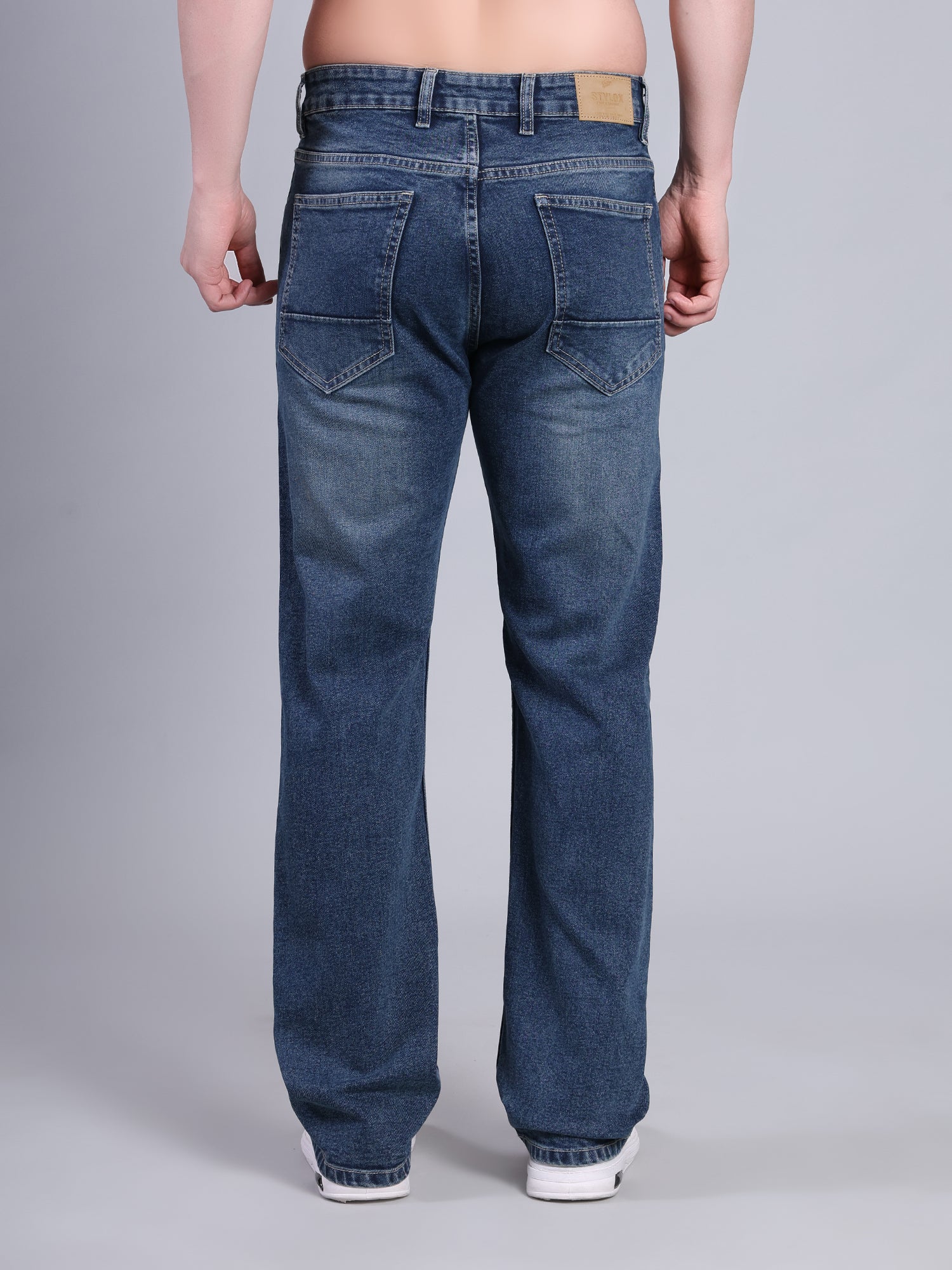 Stylox Men’s Mid-Rise Straight Fit Classic Washed Stretched Denim Jeans-Greenish Blue - Stylox