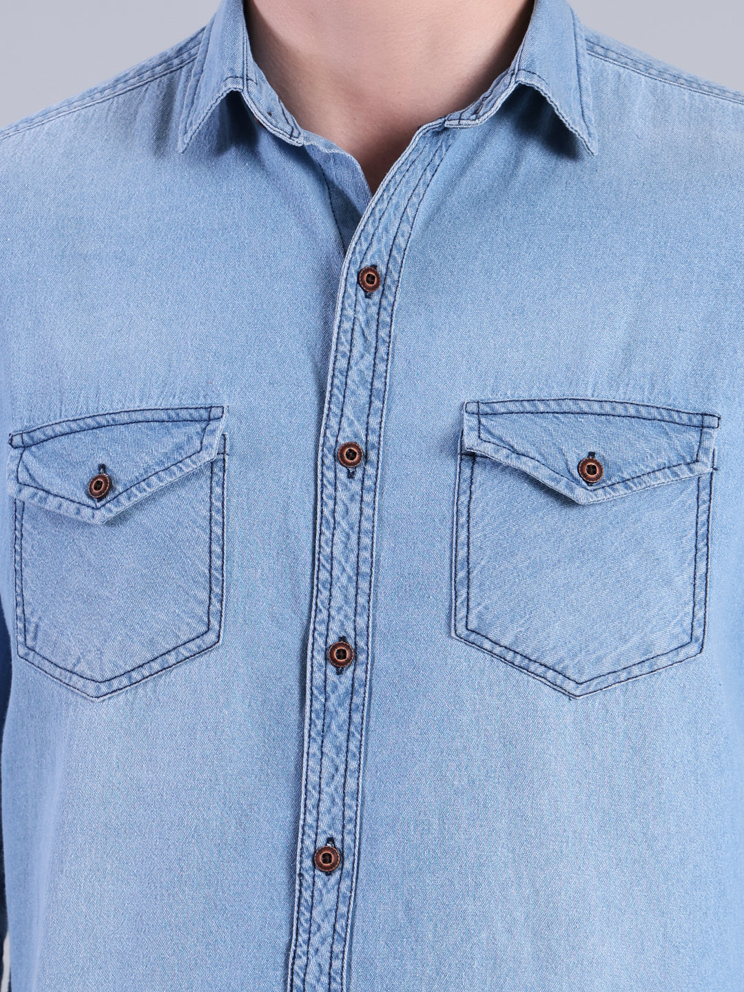 Stylox Men’s Light Wash Denim Shirt with Dual Chest Pockets - Stylox