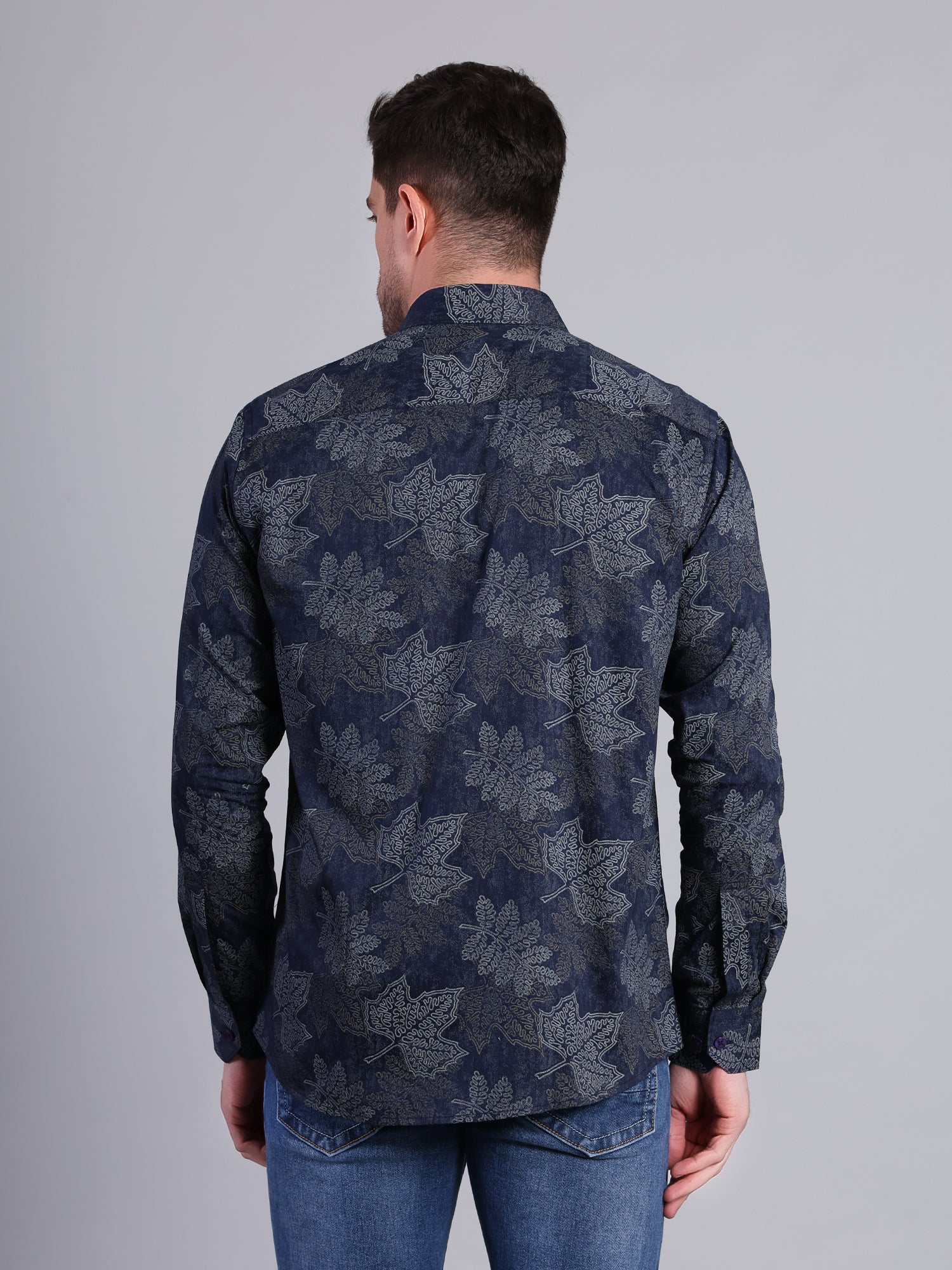 Stylox Men’s Regular Fit Leaf Printed Full Sleeve Casual Shirt-Blue - Stylox