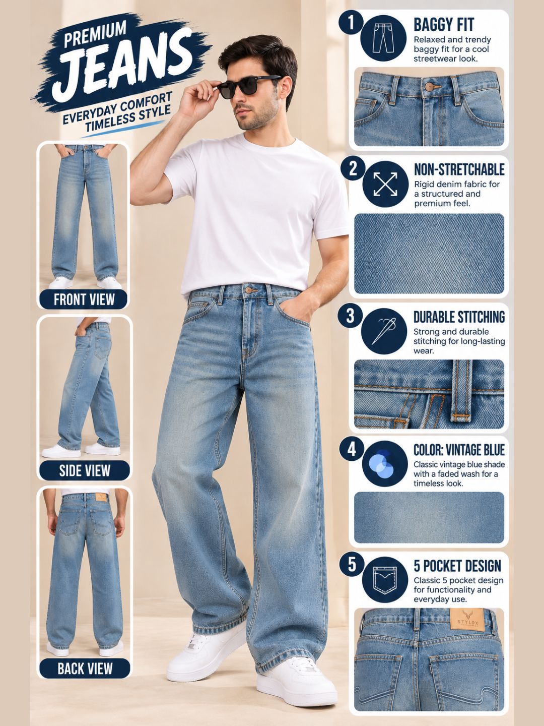 Stylox Men’s Vintage Blue Baggy Fit Non-Stretchable Denim Jeans