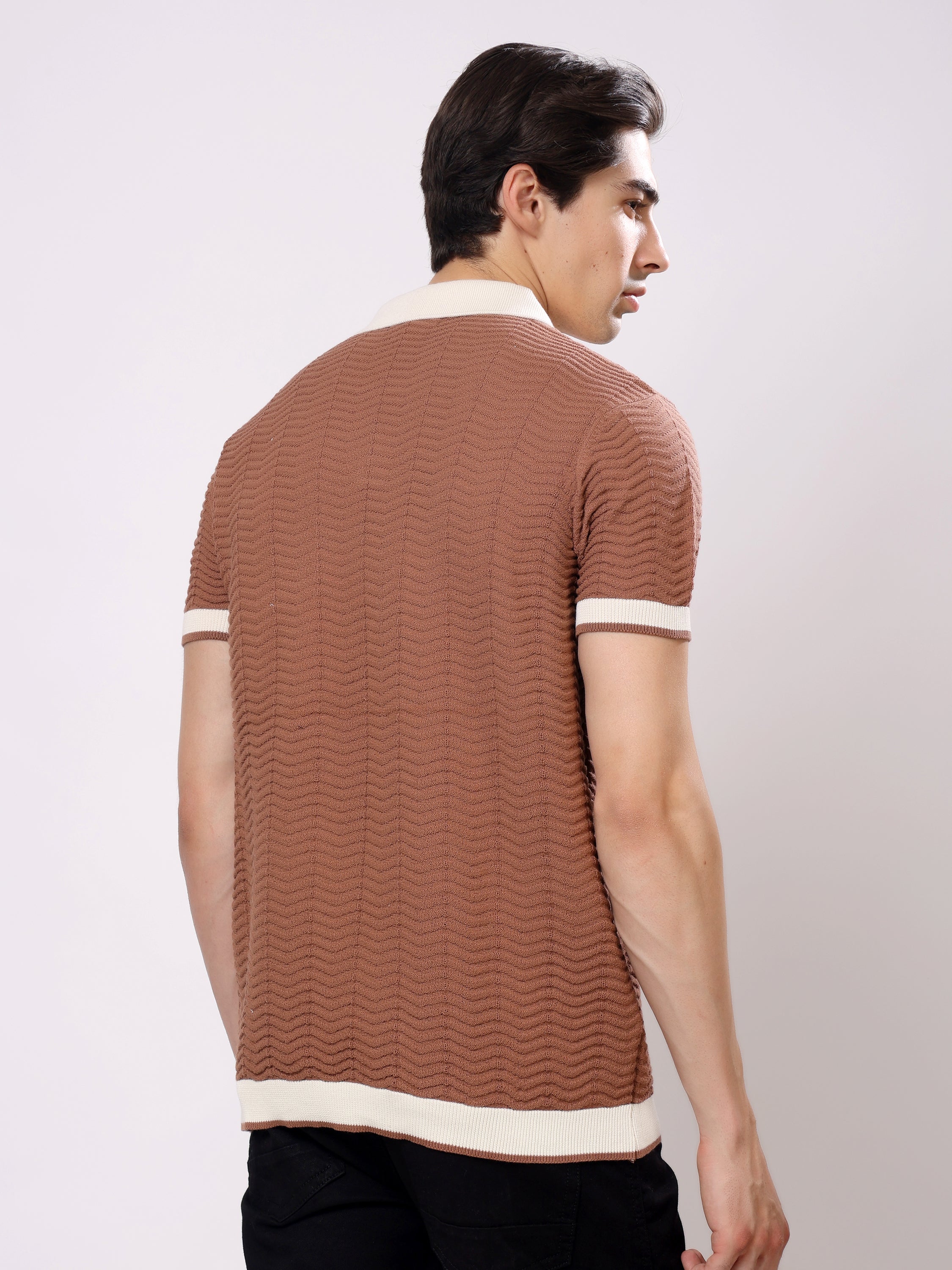 Stylox Men's Regular Fit Half Sleeve Textured Knitted Contrast Collar Polo Tee