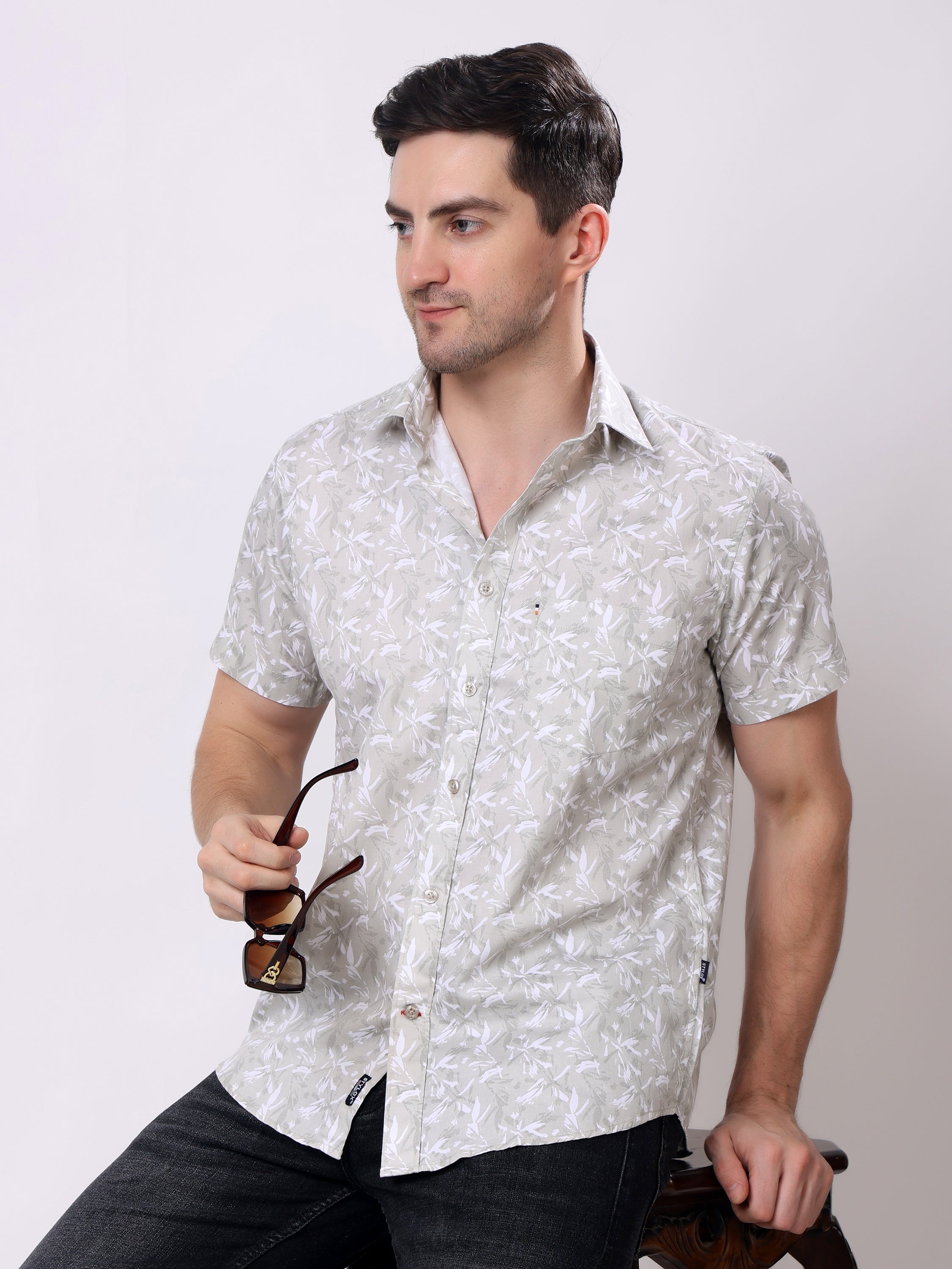 Stylox Men’s Regular Fit Half Sleeve Leaf Print Cotton Summer Casual Shirt - Stylox