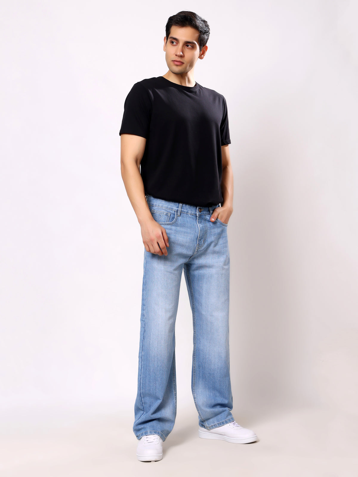Stylox Men’s Baggy Fit Ice Blue Non-Stretch Wide Leg Denim Jeans
