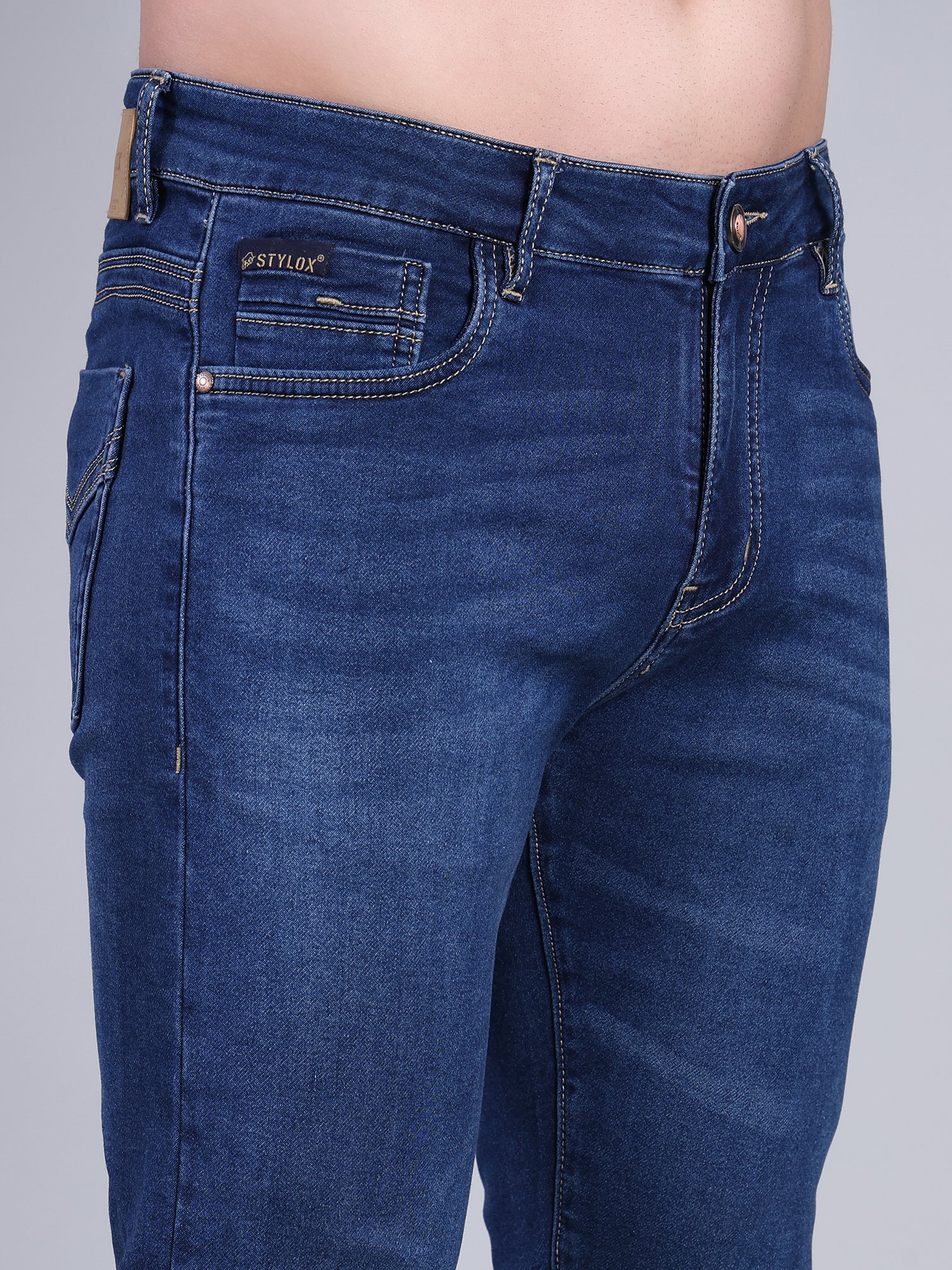 Stylox Men’s Ankle Fit Mid Rise Stretchable Denim Jeans-Dark Blue - Stylox