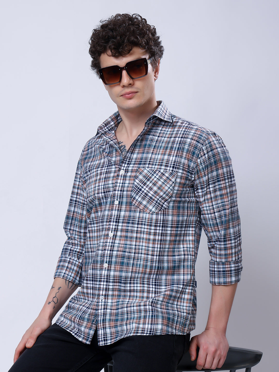 Stylox Men’s Regular Fit Full Sleeve Casual Check Shirt–Grey &amp; Brown - Stylox