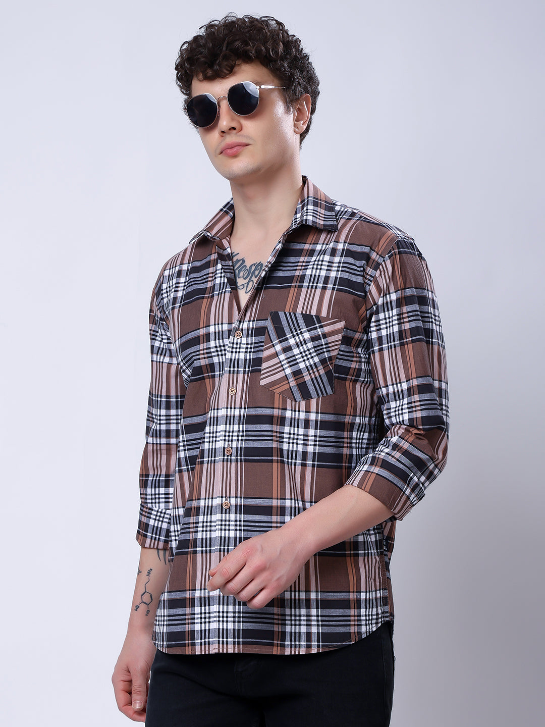 Stylox Men’s Regular Fit Full Sleeve Casual Check Shirt–Brown &amp; Black - Stylox