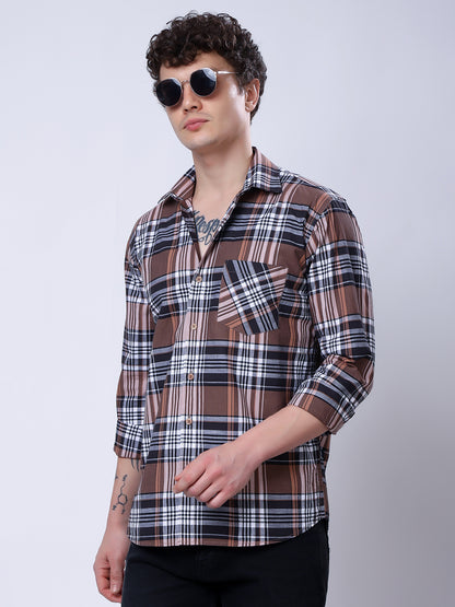 Stylox Men’s Regular Fit Full Sleeve Casual Check Shirt–Brown &amp; Black - Stylox