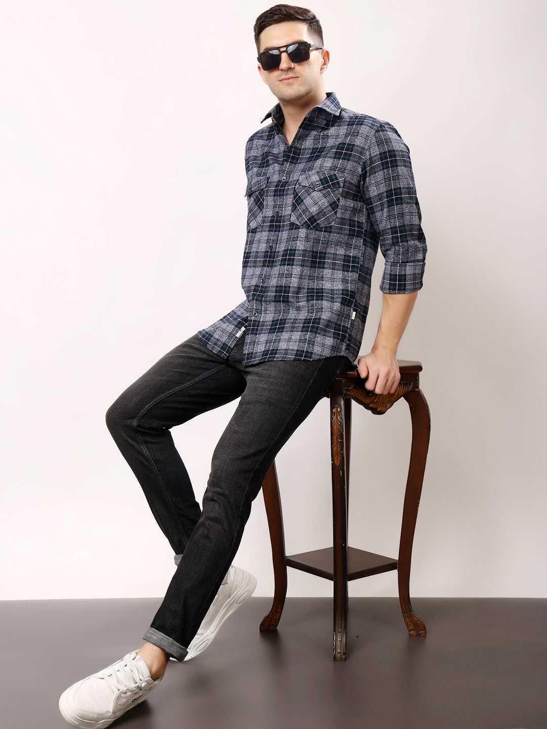 Stylox Men’s Regular Fit Full Sleeve Check Shirt with Double Flap Pockets | Cotton Casual Checkered Shirt