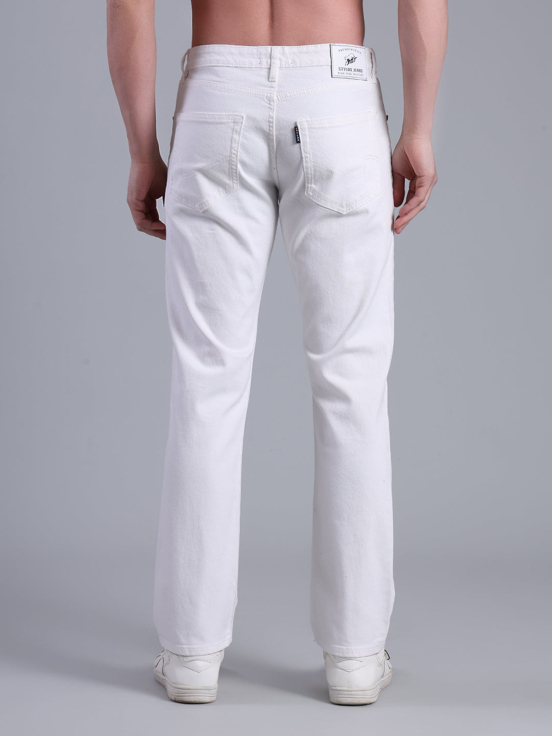 Stylox Men’s Slim Fit Mid Rise Solid Denim Jeans (White) - Stylox
