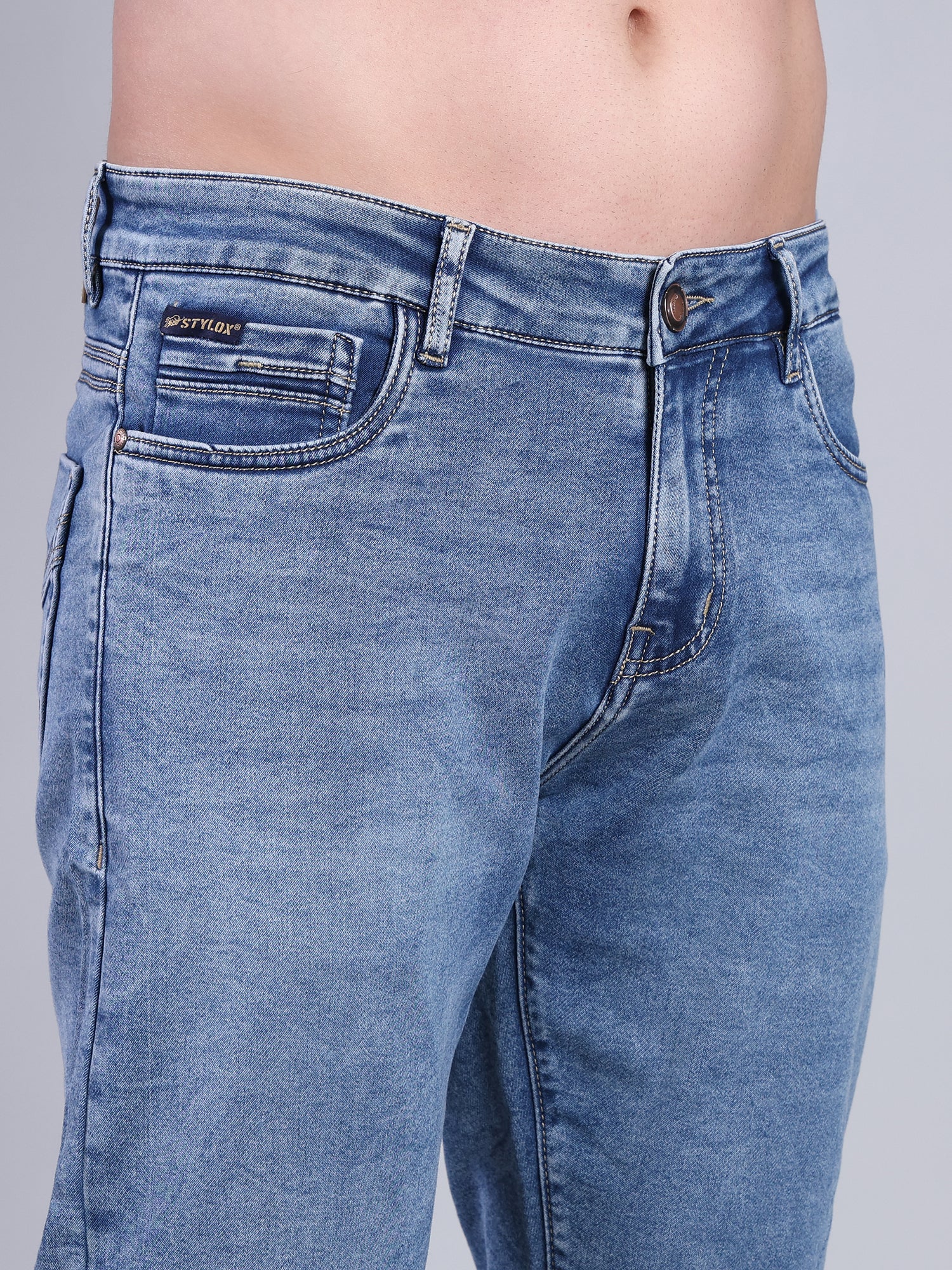 Stylox Men’s Ankle Fit Mid Rise Stretchable Denim Jeans-Light Blue - Stylox